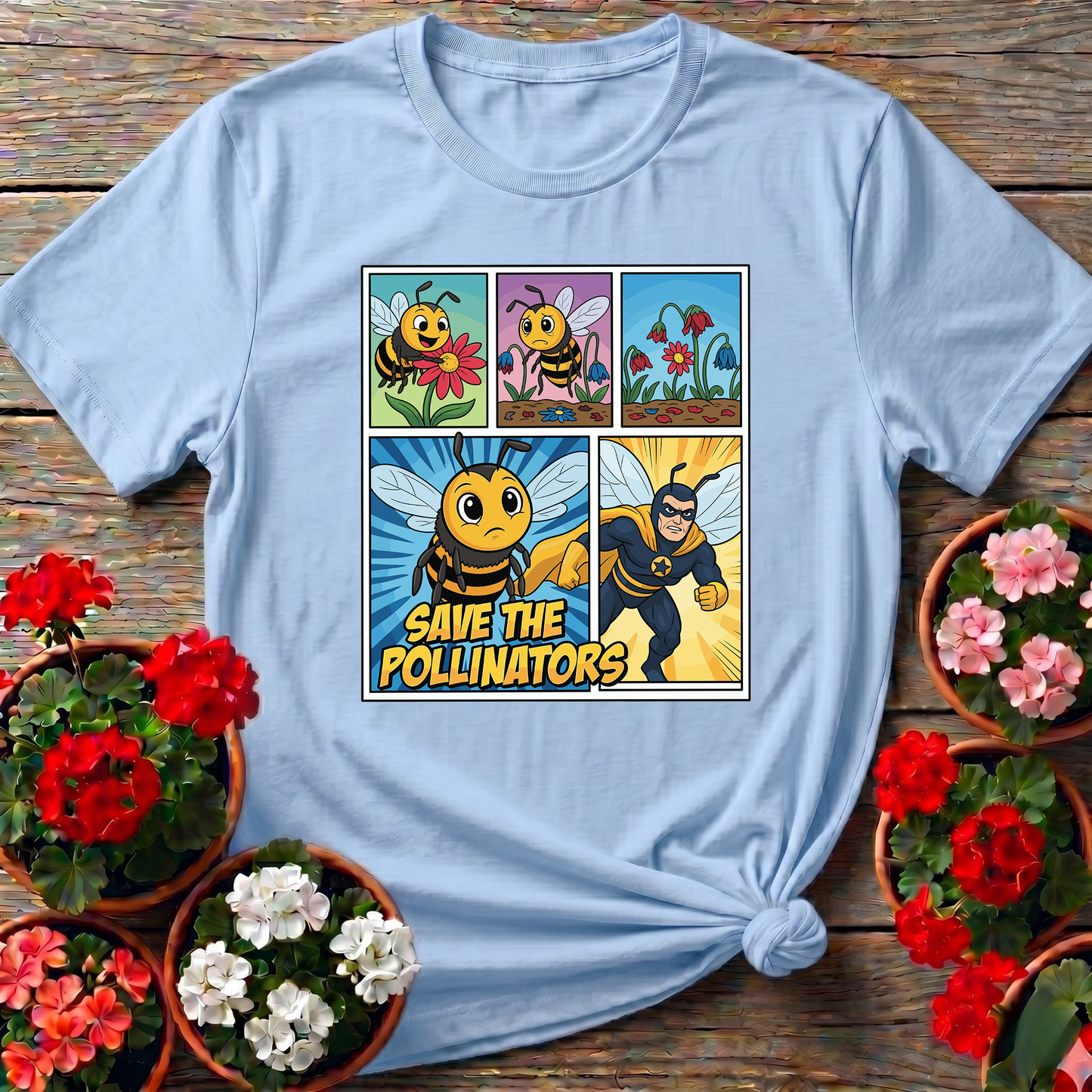 Save The Pollinators Comic Bee Superhero Tee