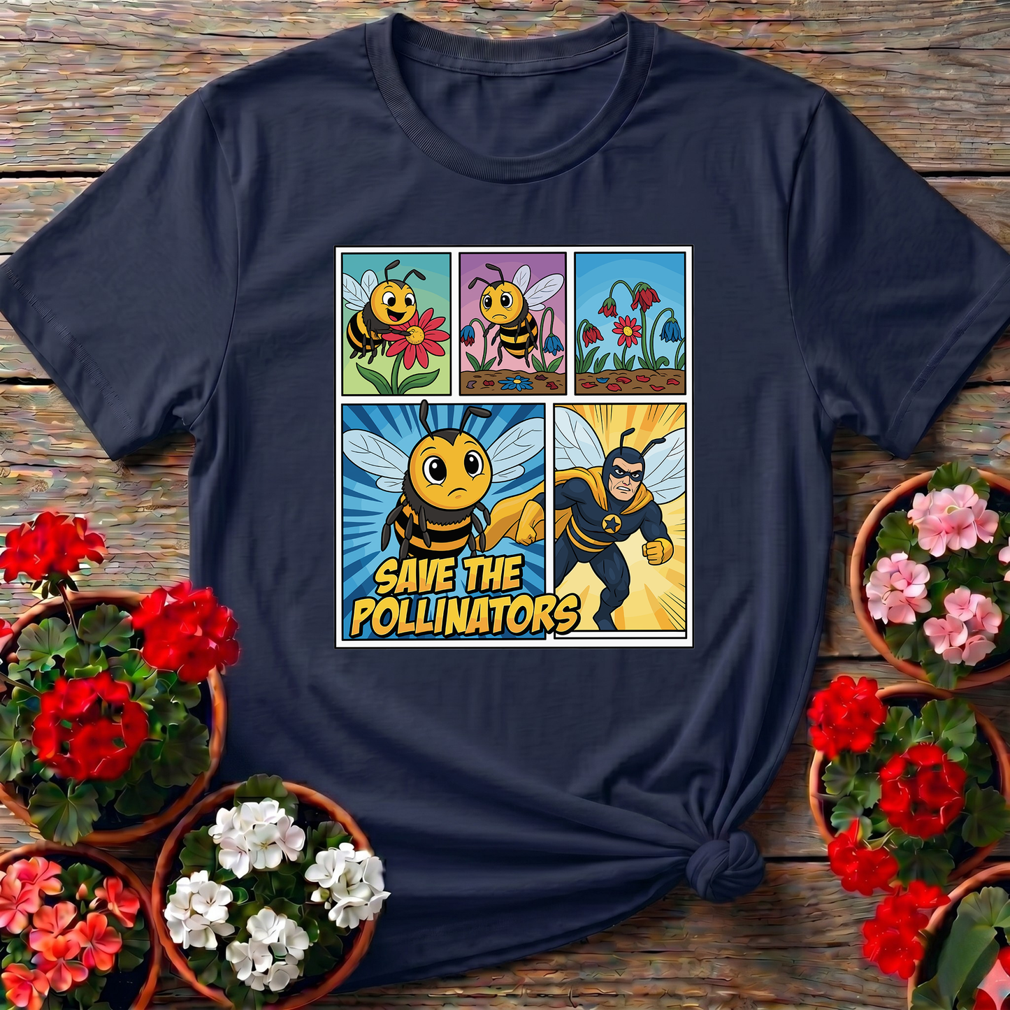 Save The Pollinators Comic Bee Superhero Tee
