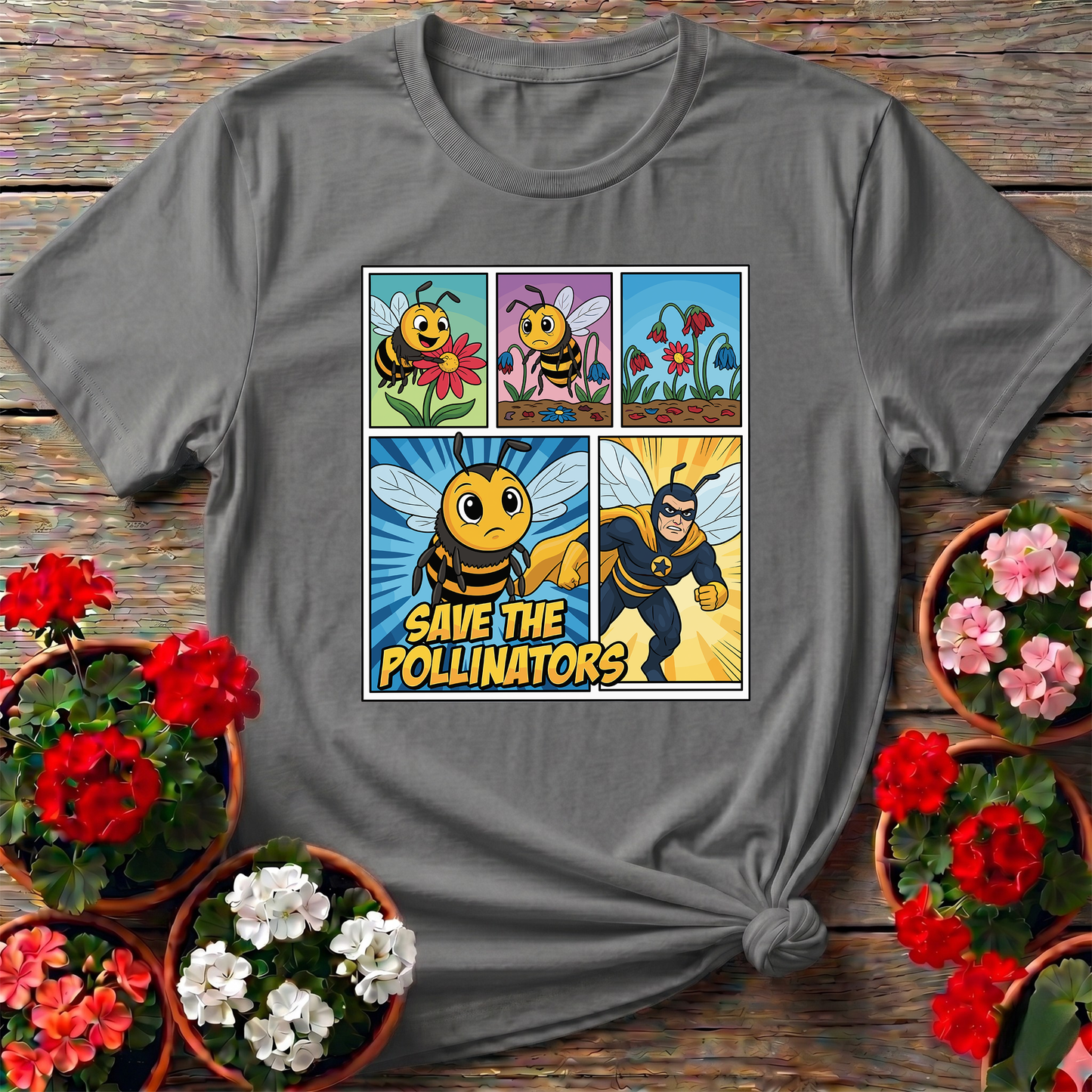 Save The Pollinators Comic Bee Superhero Tee