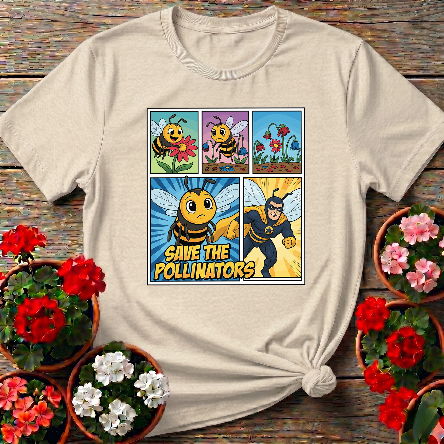 Save The Pollinators Comic Bee Superhero Tee