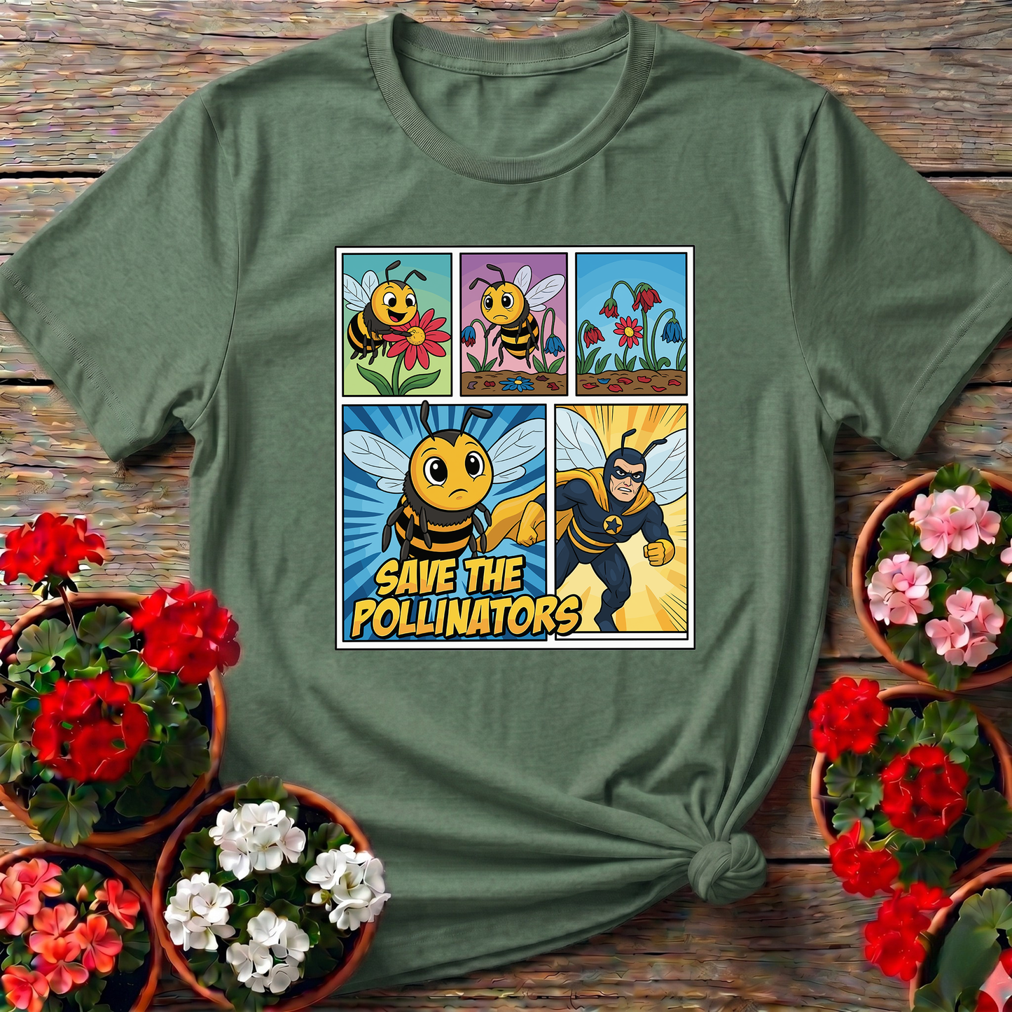 Save The Pollinators Comic Bee Superhero Tee