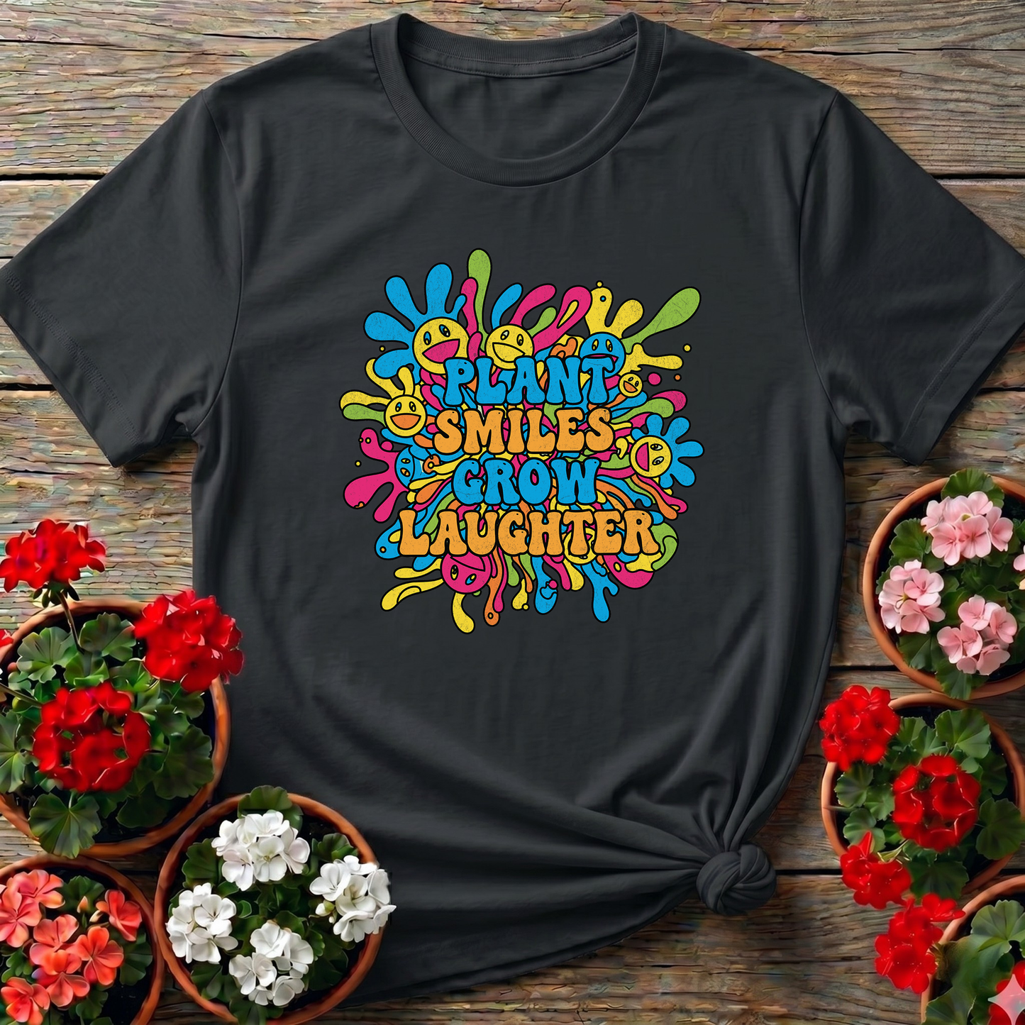 Plant Smiles Grow Laughter Groovy Flower Power Tee