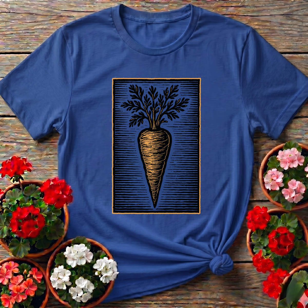 Royal retro relief-print gardening tee with a detailed carrot illustration for kitchen gardeners