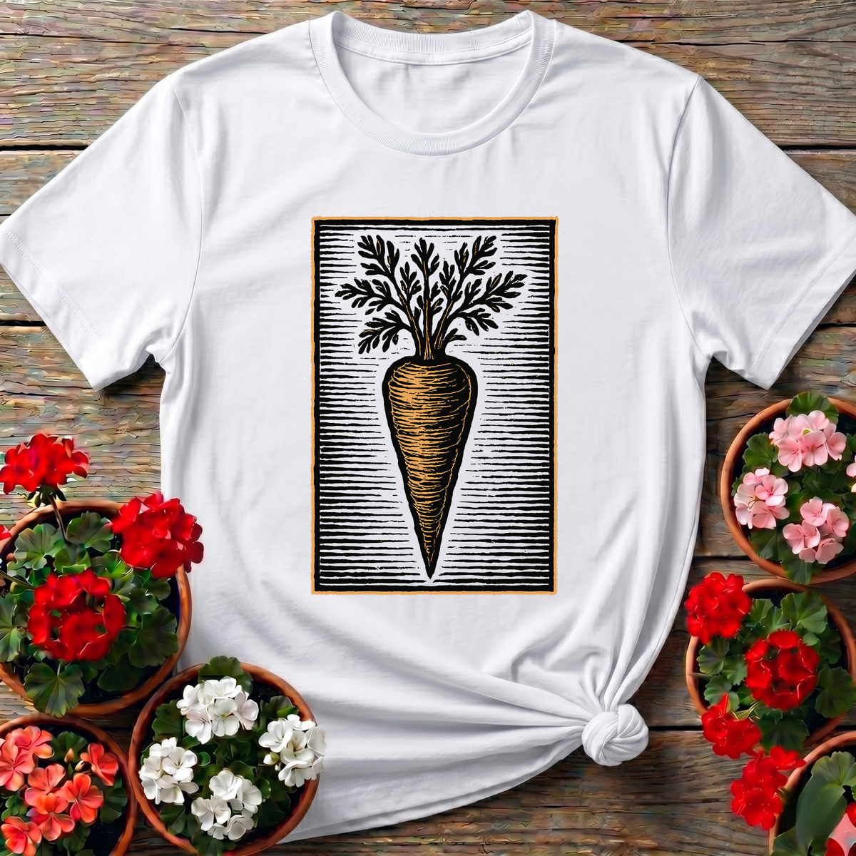 White rustic botanical t-shirt with a woodblock-print carrot design for home garden enthusiasts
