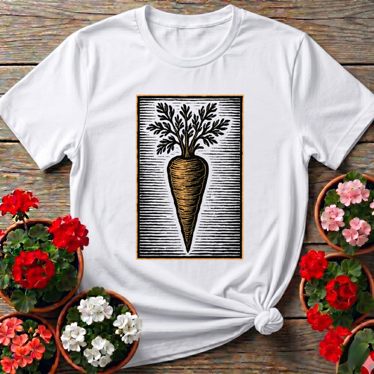 White rustic botanical t-shirt with a woodblock-print carrot design for home garden enthusiasts