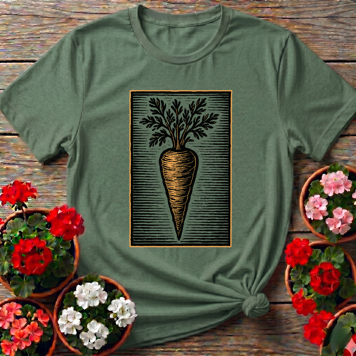 Military Green earthy vintage-style top with a woodblock carrot illustration for root vegetable growers