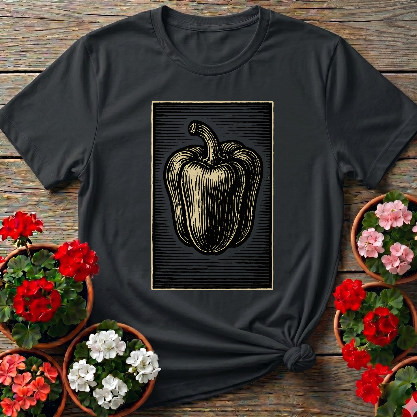 Vintage Woodcut Bell Pepper Gardening T-Shirt