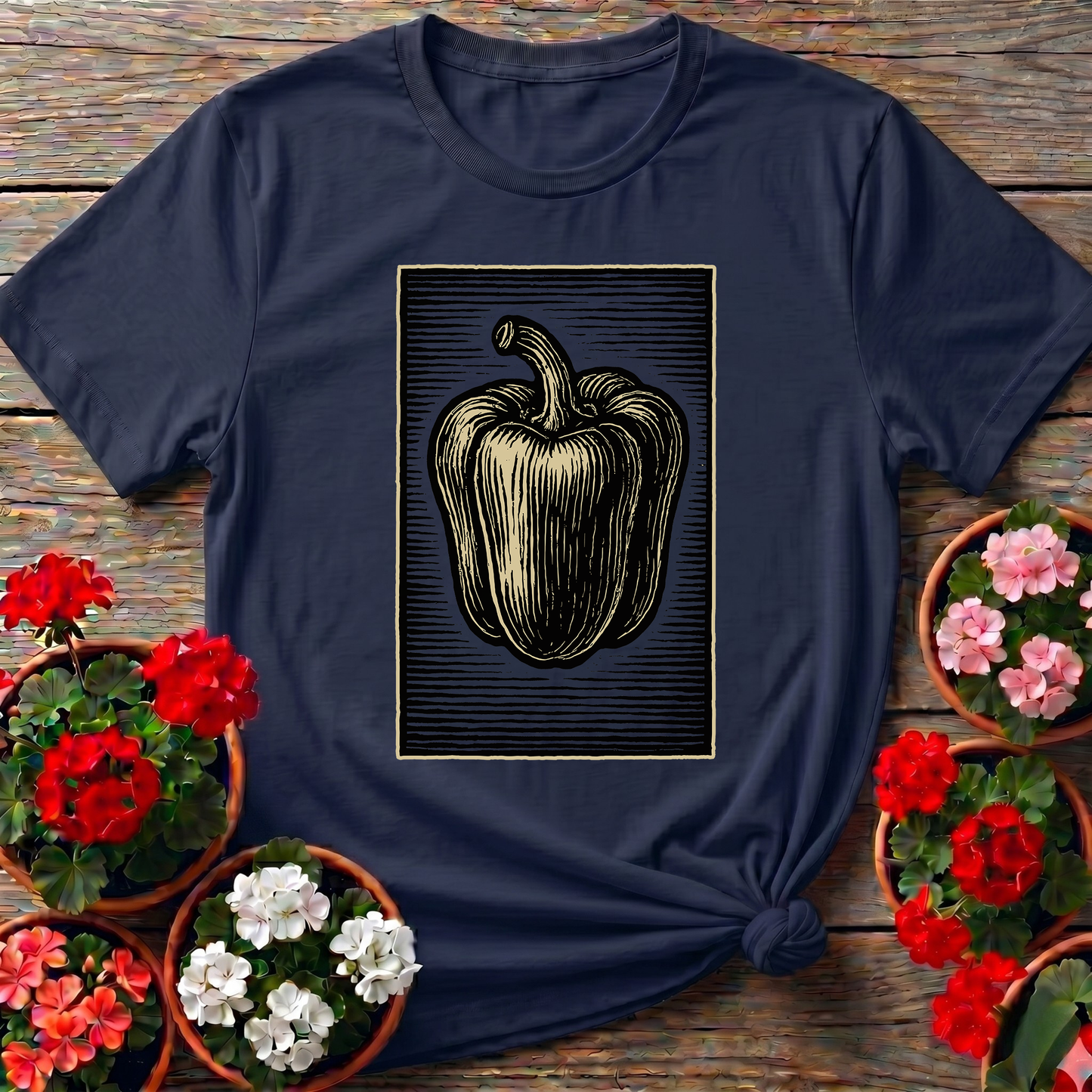 Vintage Woodcut Bell Pepper Gardening T-Shirt