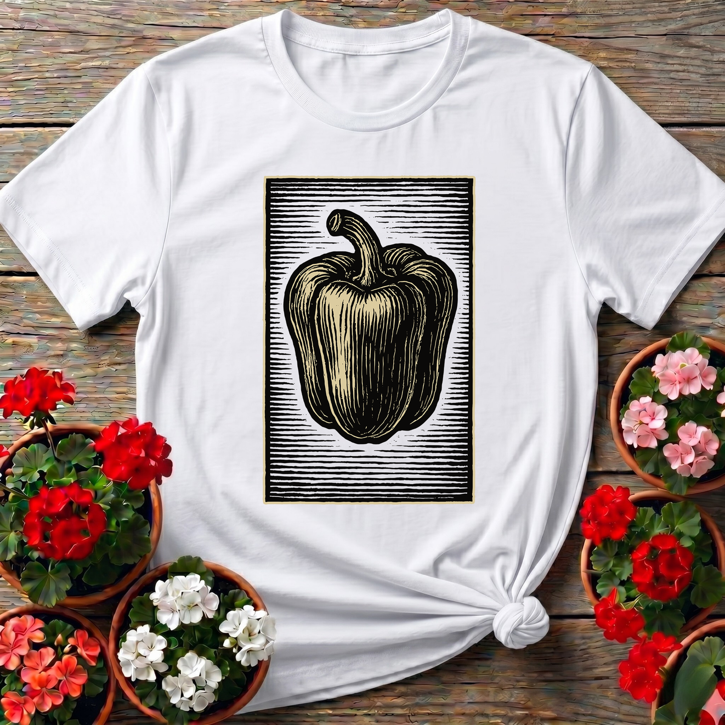 Vintage Woodcut Bell Pepper Gardening T-Shirt