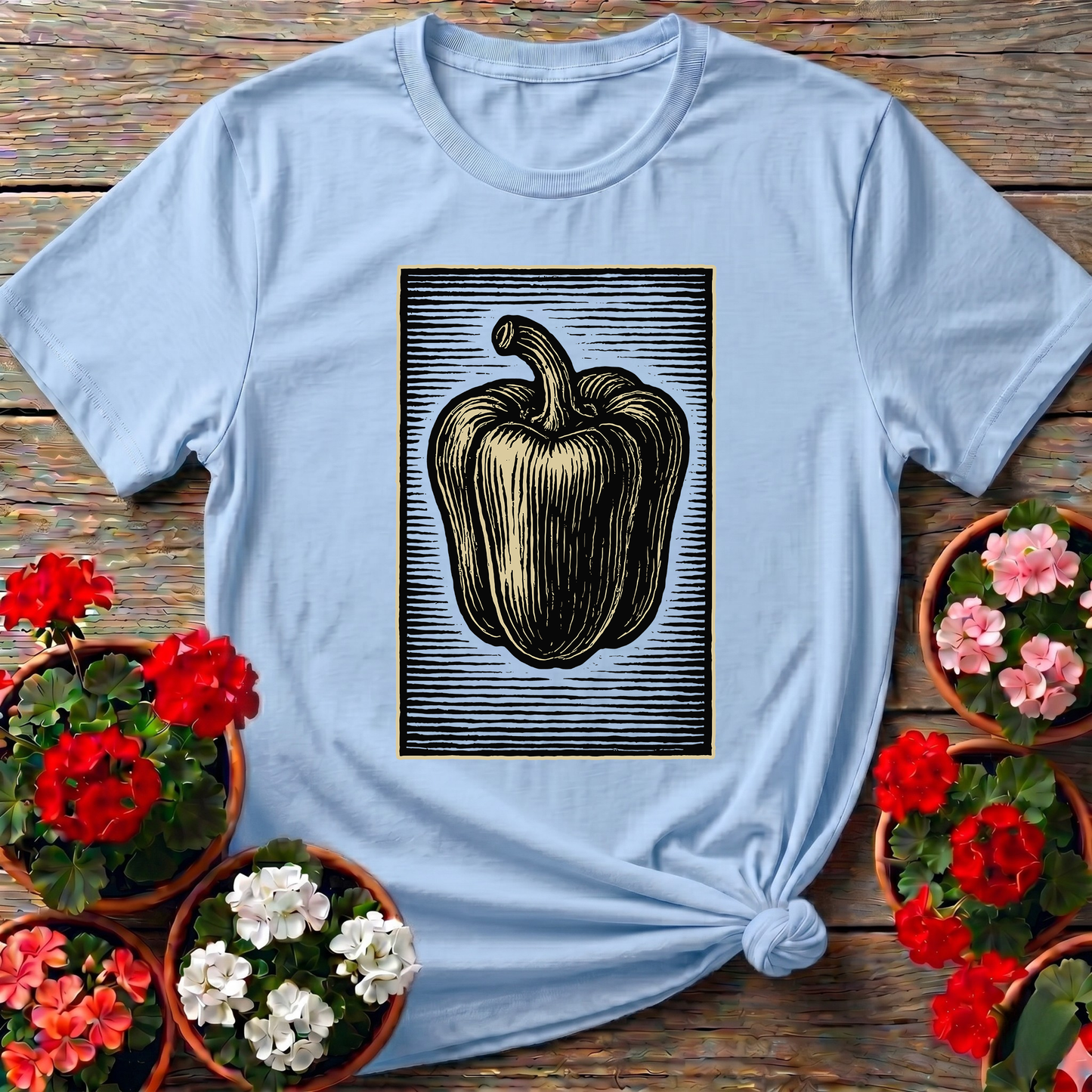 Vintage Woodcut Bell Pepper Gardening T-Shirt