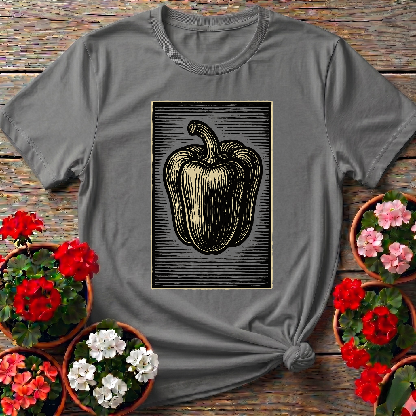 Vintage Woodcut Bell Pepper Gardening T-Shirt