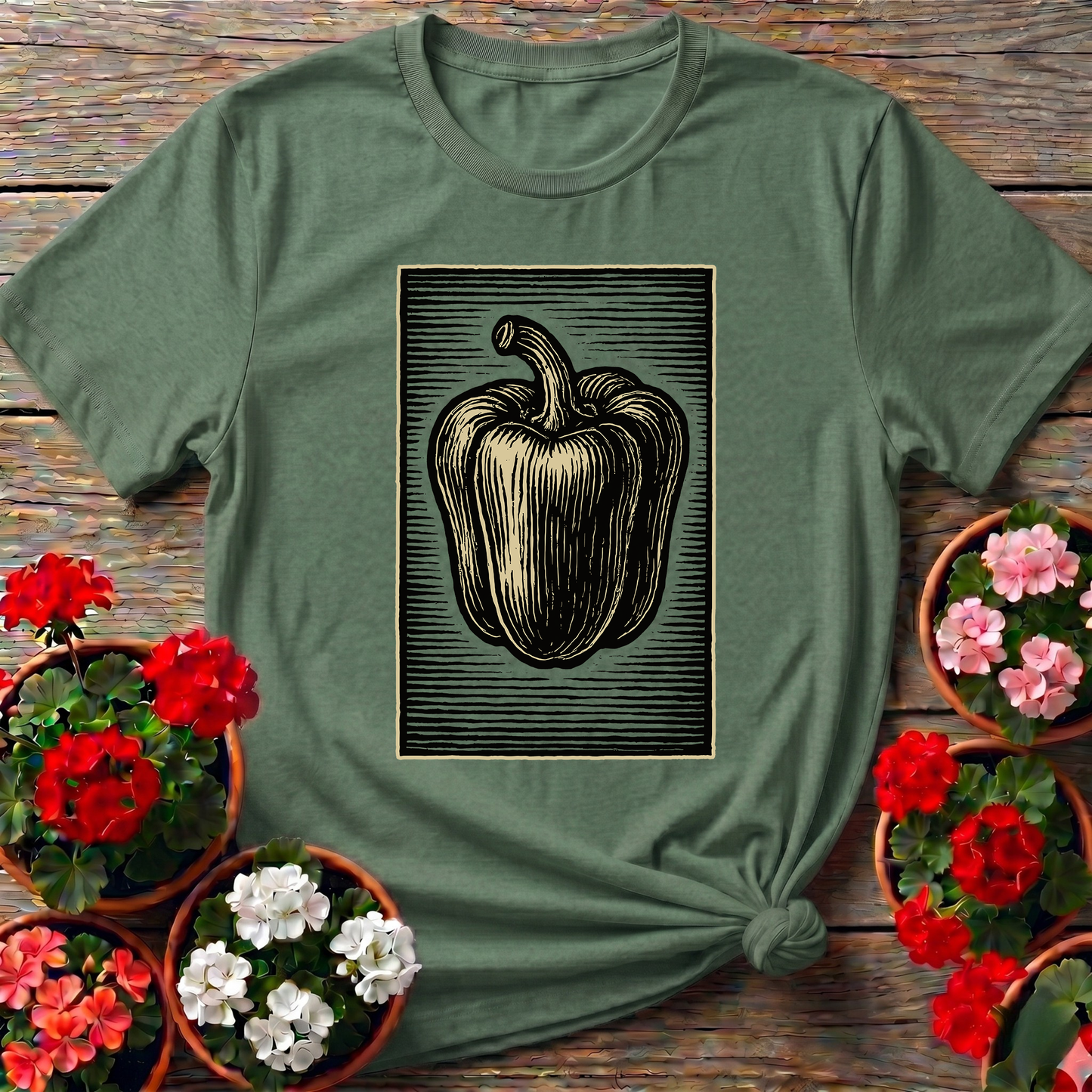 Vintage Woodcut Bell Pepper Gardening T-Shirt