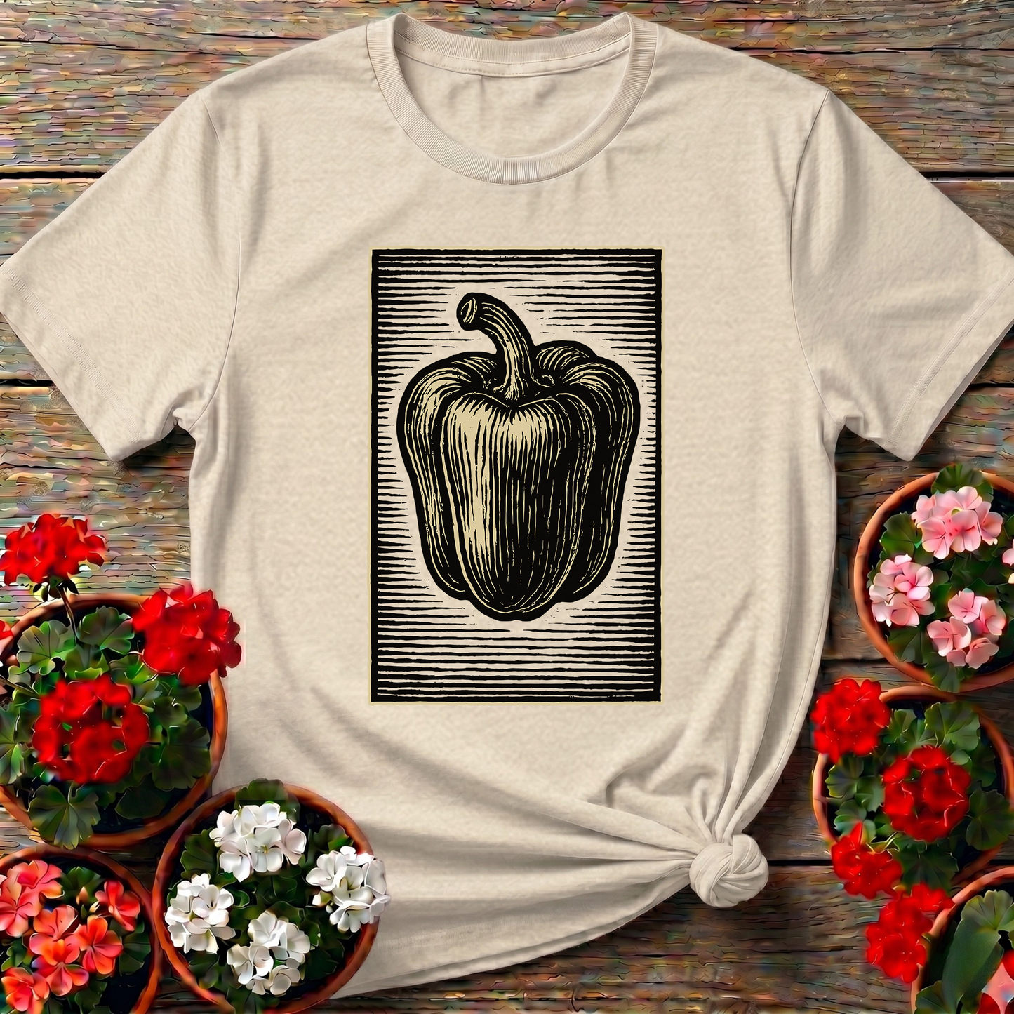 Vintage Woodcut Bell Pepper Gardening T-Shirt