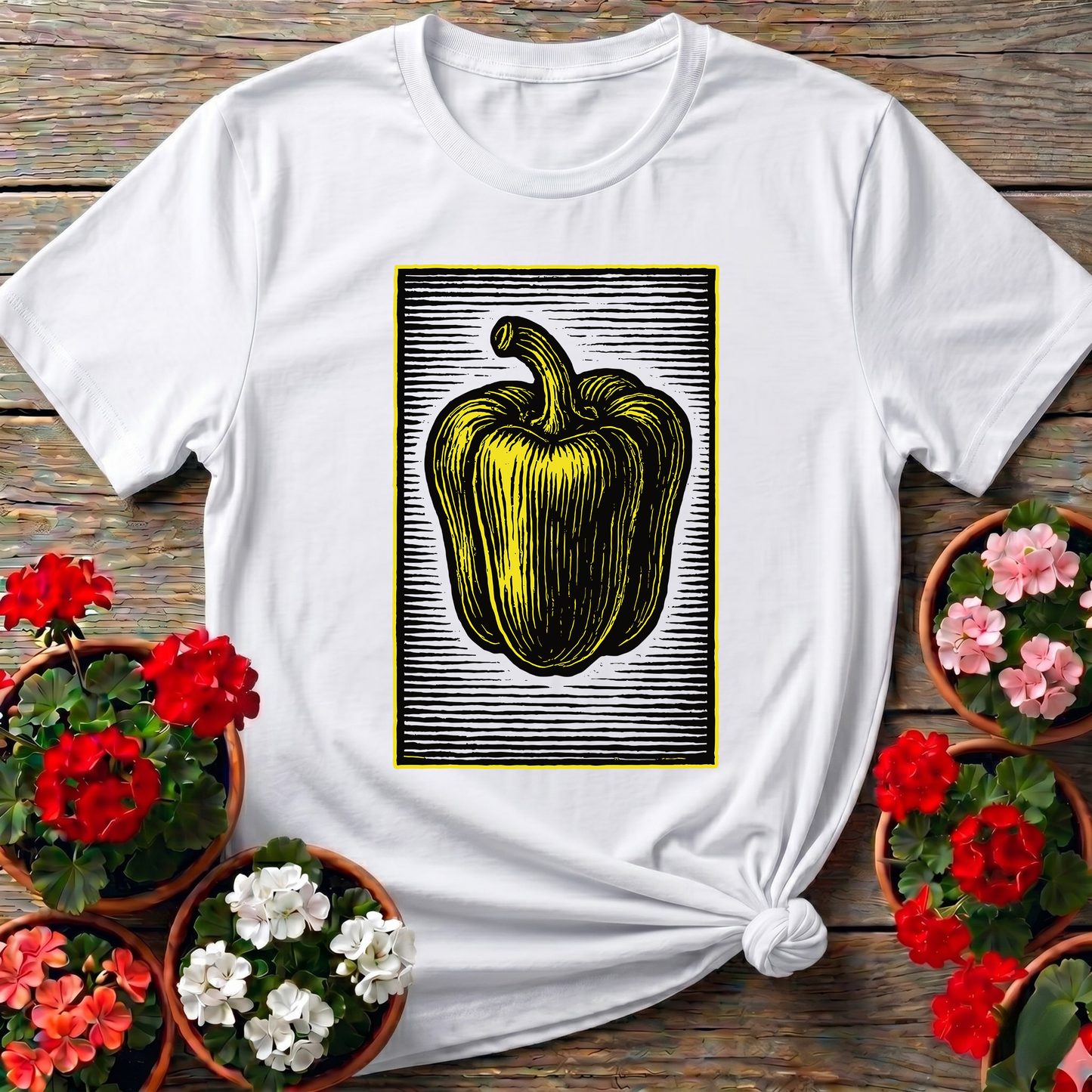 Yellow Bell Pepper Vintage Woodcut Gardening T-Shirt