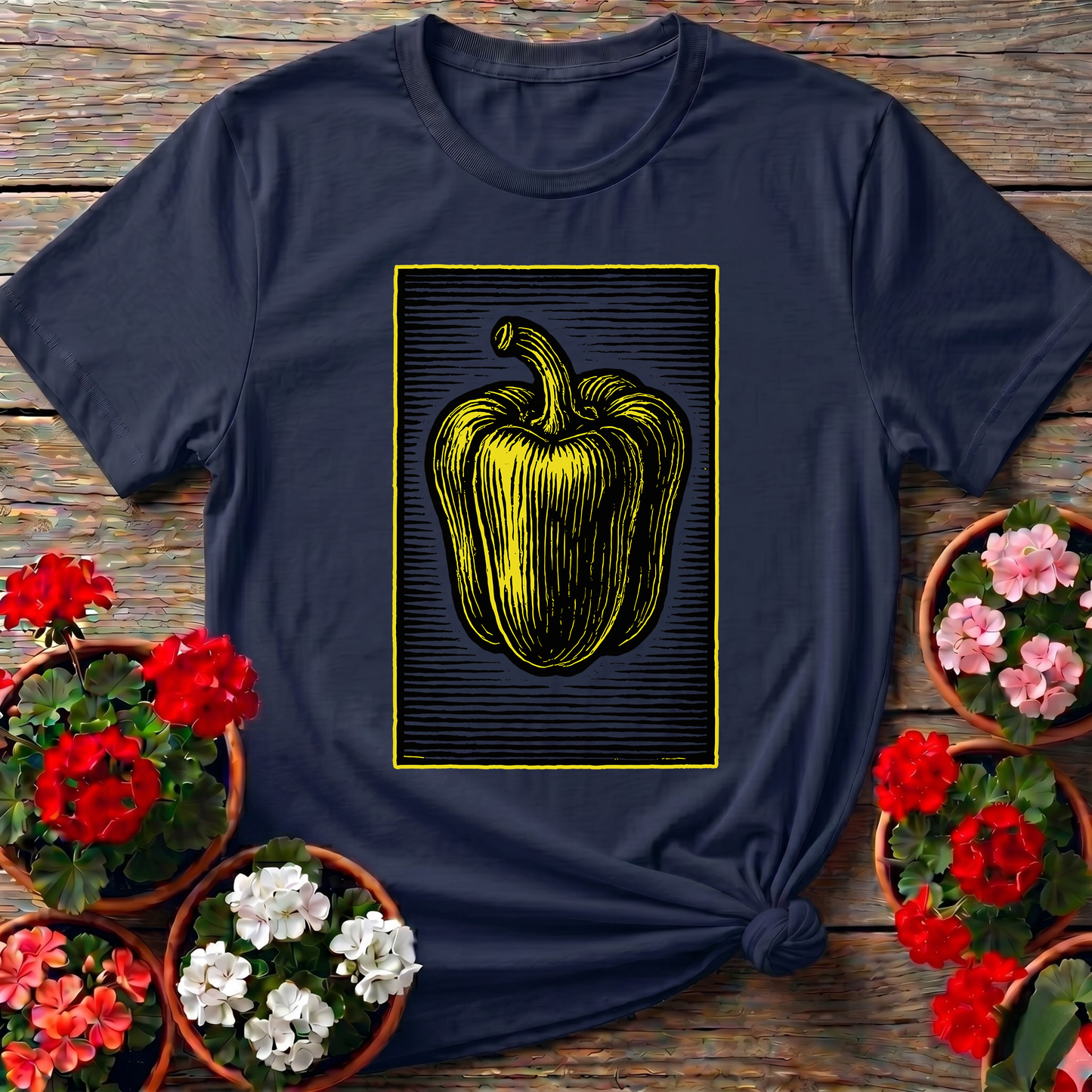 Yellow Bell Pepper Vintage Woodcut Gardening T-Shirt