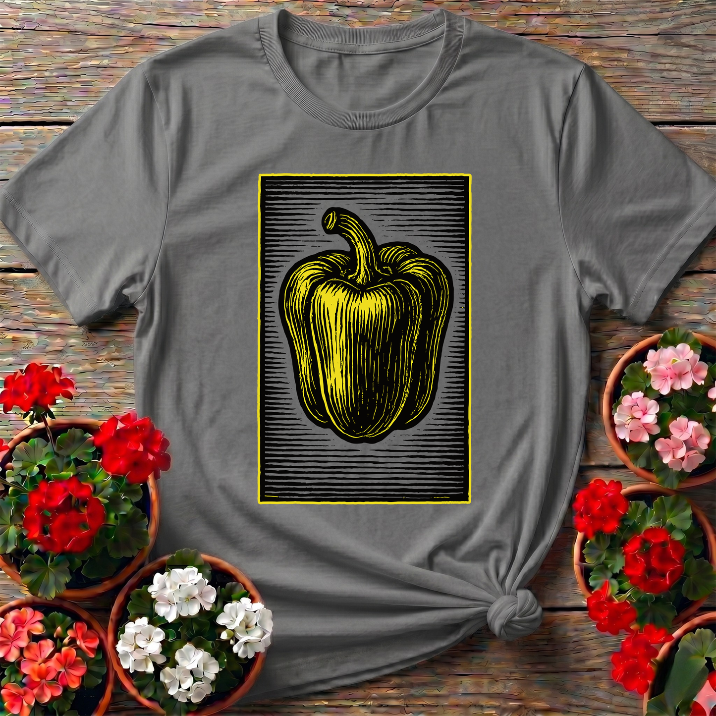 Yellow Bell Pepper Vintage Woodcut Gardening T-Shirt