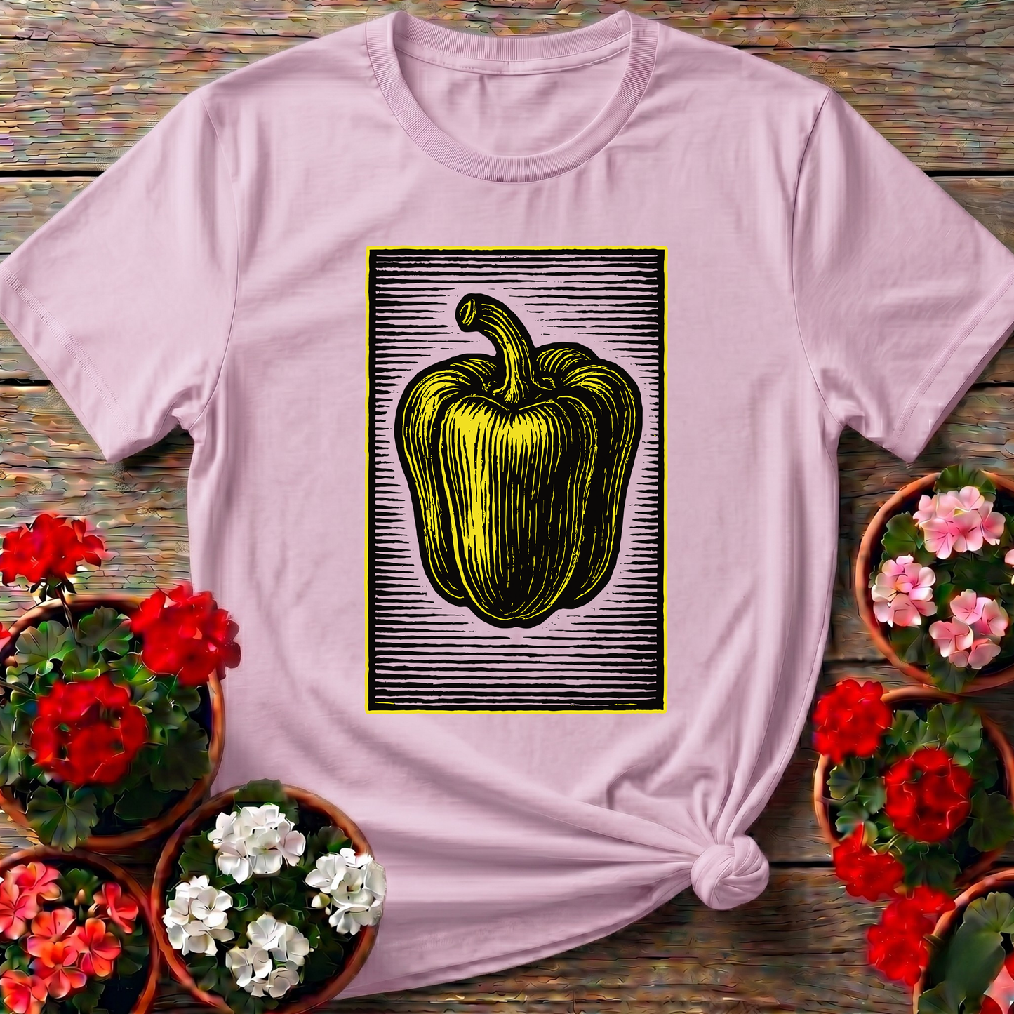 Yellow Bell Pepper Vintage Woodcut Gardening T-Shirt