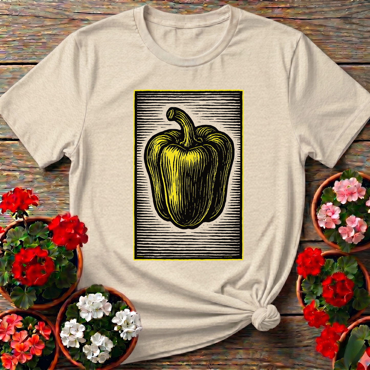 Yellow Bell Pepper Vintage Woodcut Gardening T-Shirt
