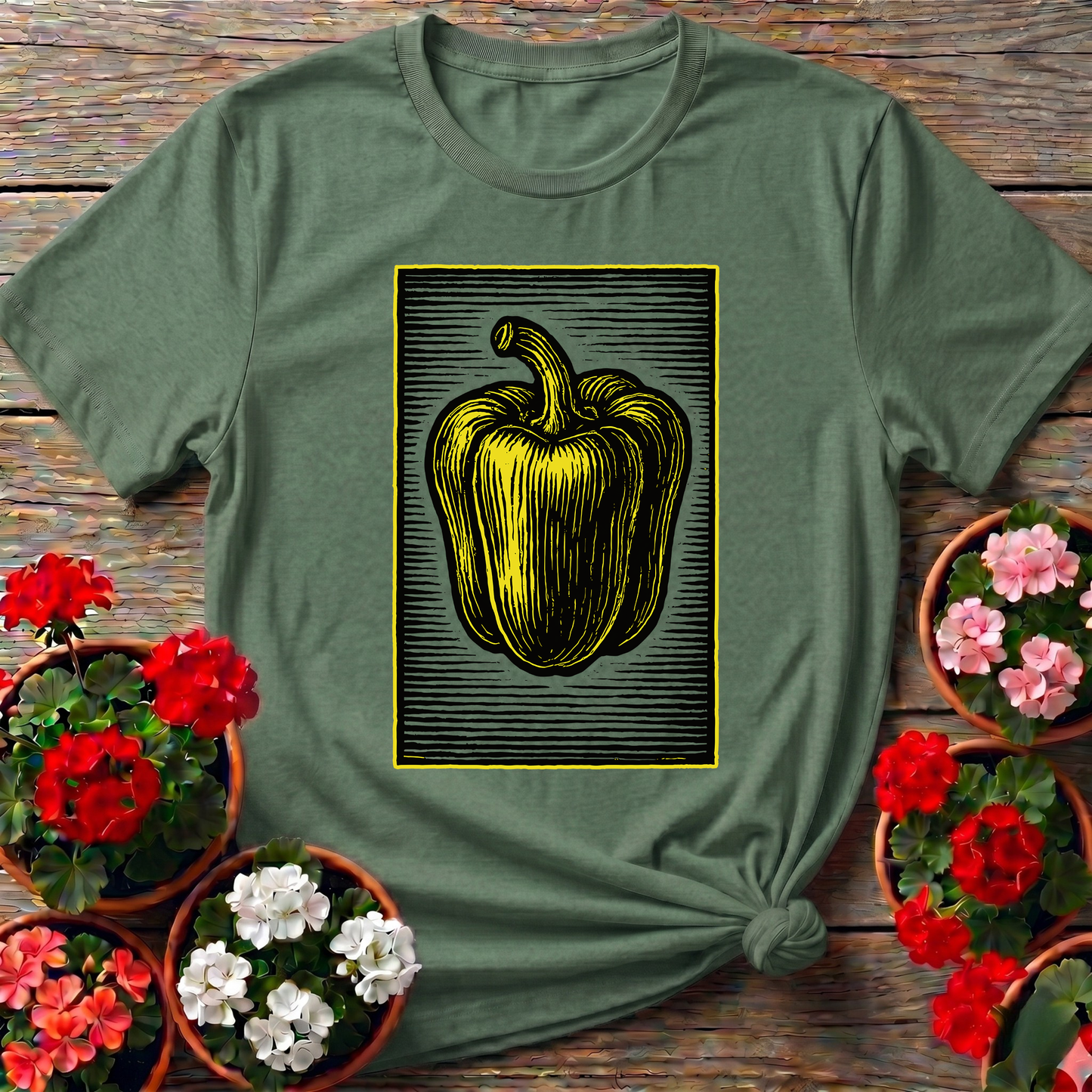 Yellow Bell Pepper Vintage Woodcut Gardening T-Shirt
