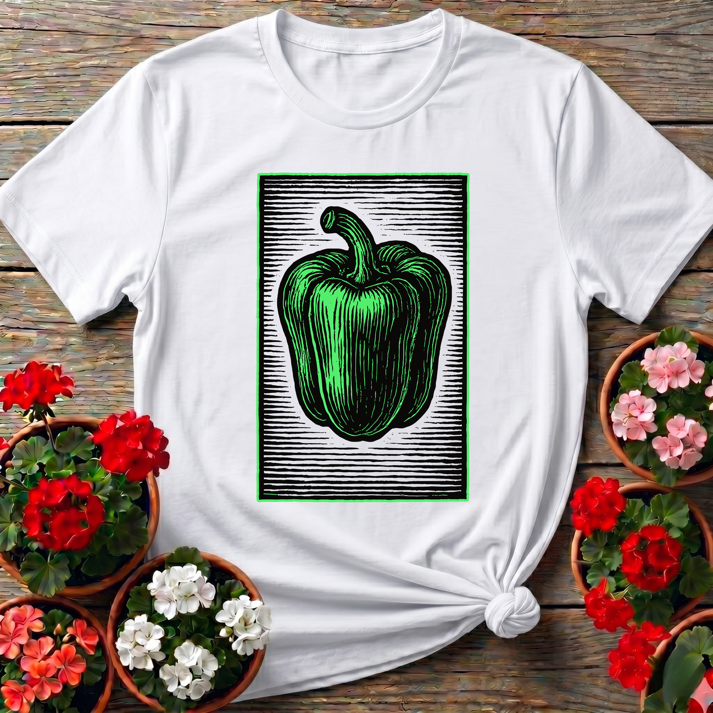 Vintage Green Bell Pepper Woodcut Gardening T-Shirt