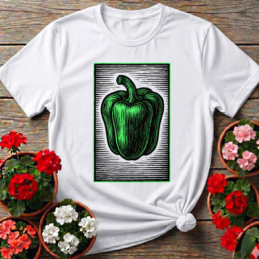 Vintage Green Bell Pepper Woodcut Gardening T-Shirt