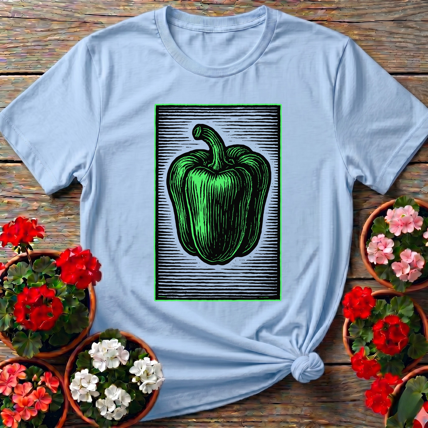 Vintage Green Bell Pepper Woodcut Gardening T-Shirt