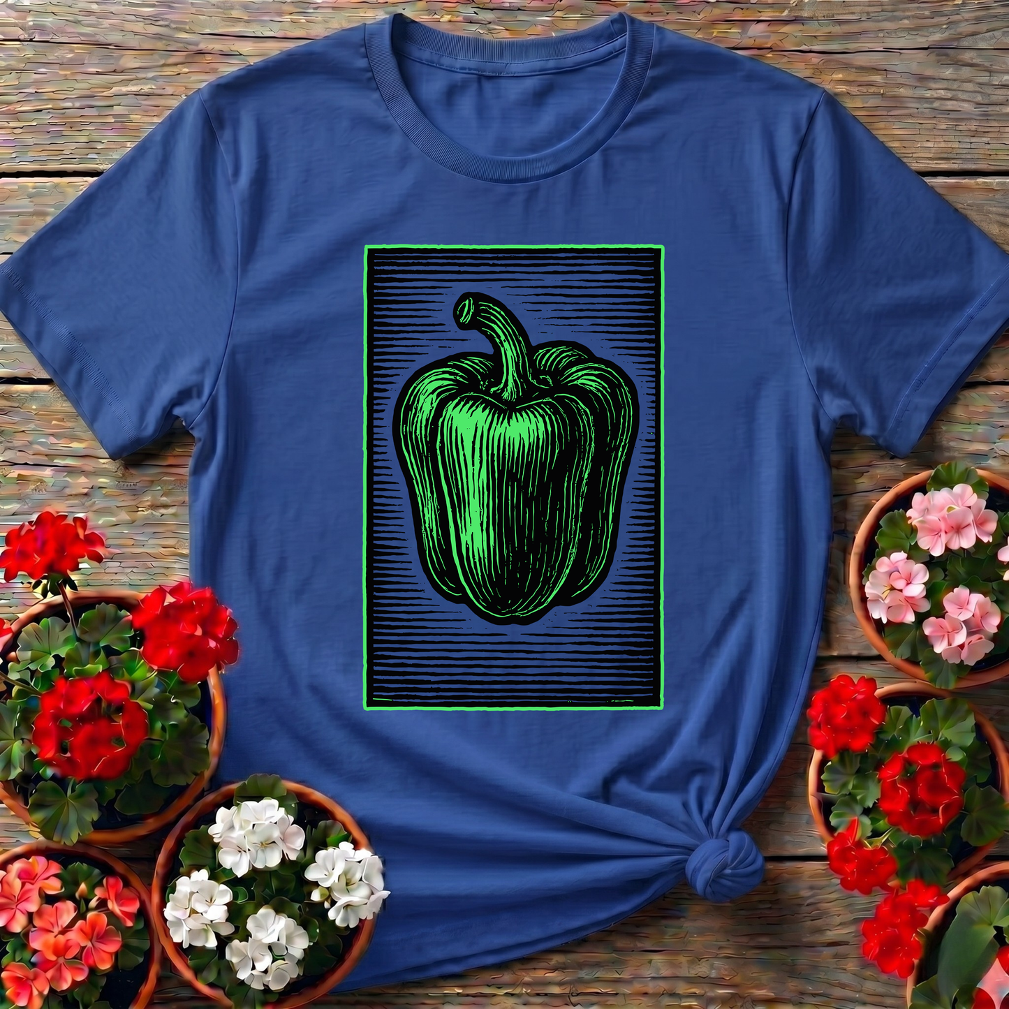 Vintage Green Bell Pepper Woodcut Gardening T-Shirt