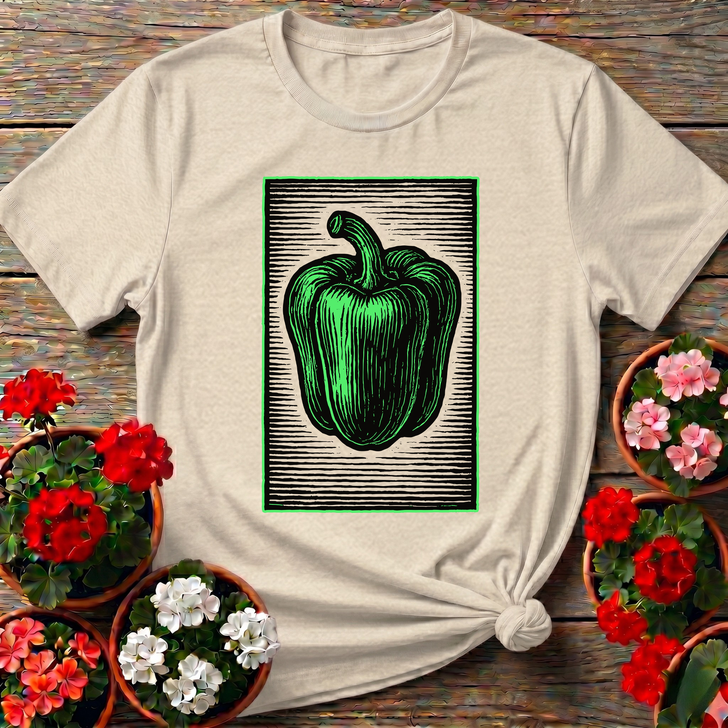 Vintage Green Bell Pepper Woodcut Gardening T-Shirt