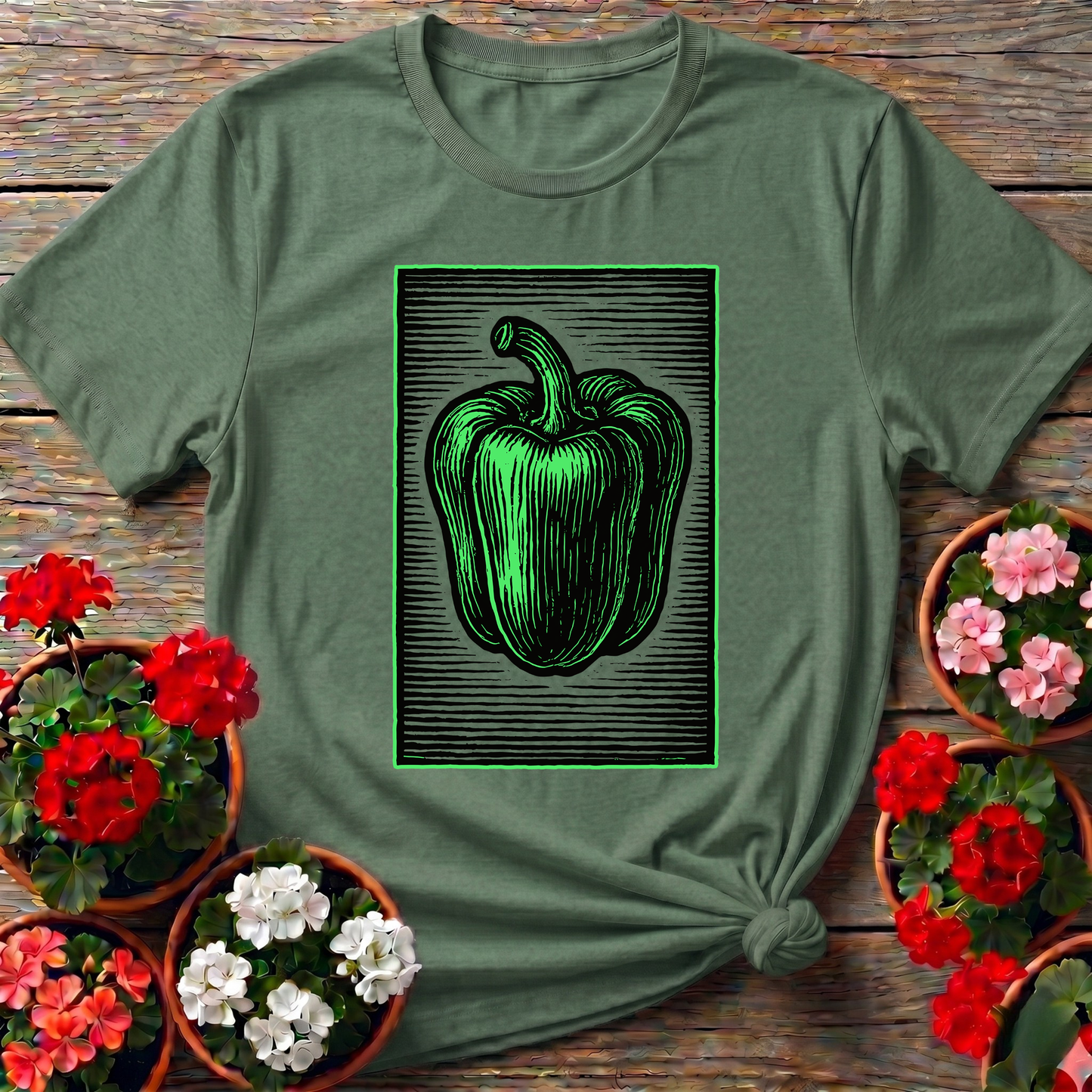 Vintage Green Bell Pepper Woodcut Gardening T-Shirt