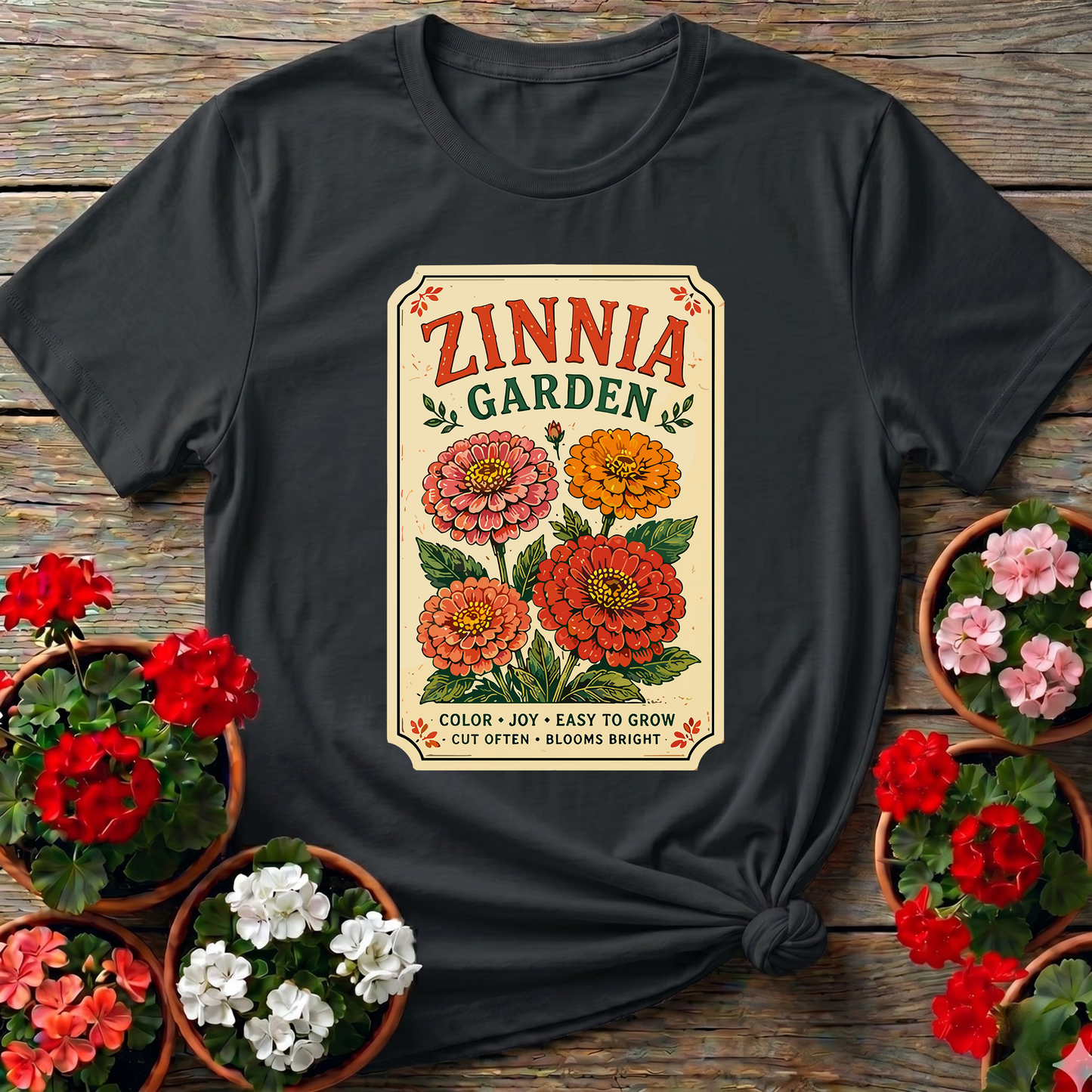 Zinnia Garden Seed Packet Vintage Floral Gardening T-Shirt