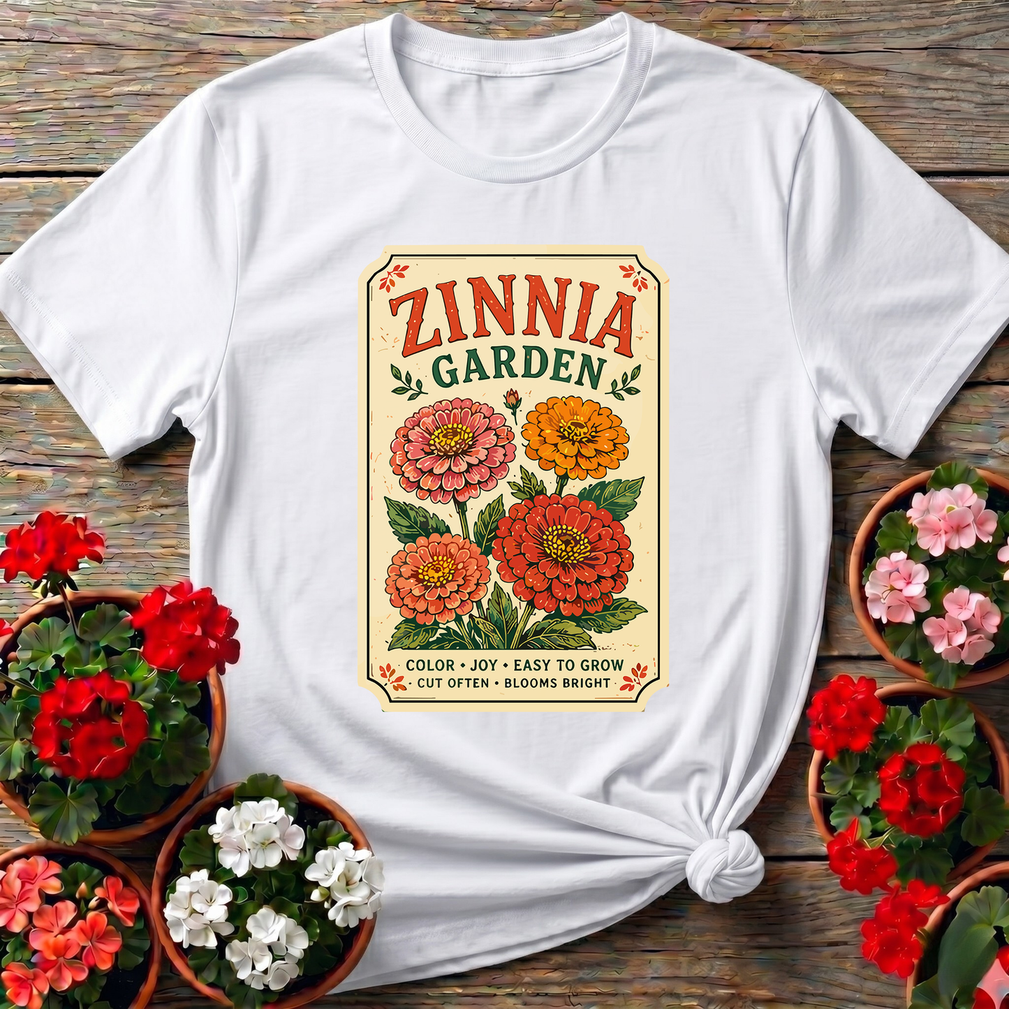 Zinnia Garden Seed Packet Vintage Floral Gardening T-Shirt