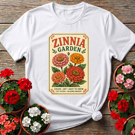 Zinnia Garden Seed Packet Vintage Floral Gardening T-Shirt
