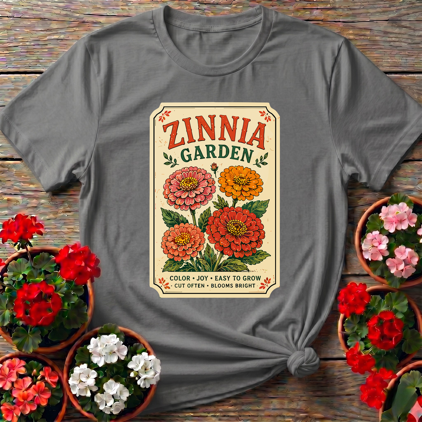 Zinnia Garden Seed Packet Vintage Floral Gardening T-Shirt
