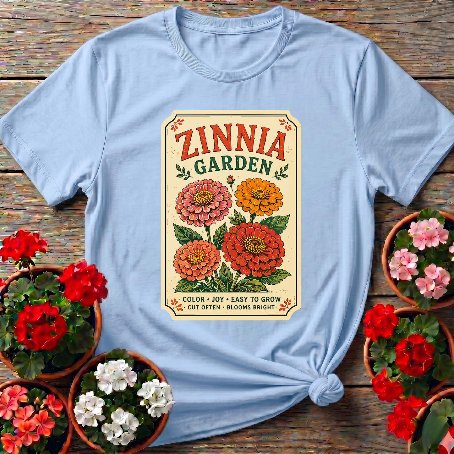 Zinnia Garden Seed Packet Vintage Floral Gardening T-Shirt