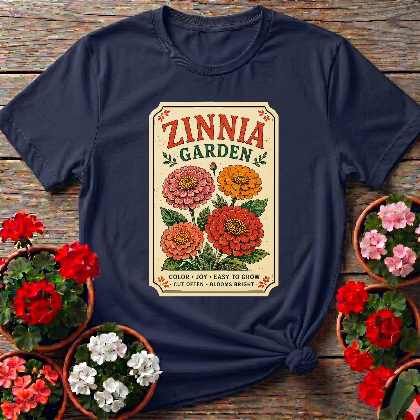 Zinnia Garden Seed Packet Vintage Floral Gardening T-Shirt
