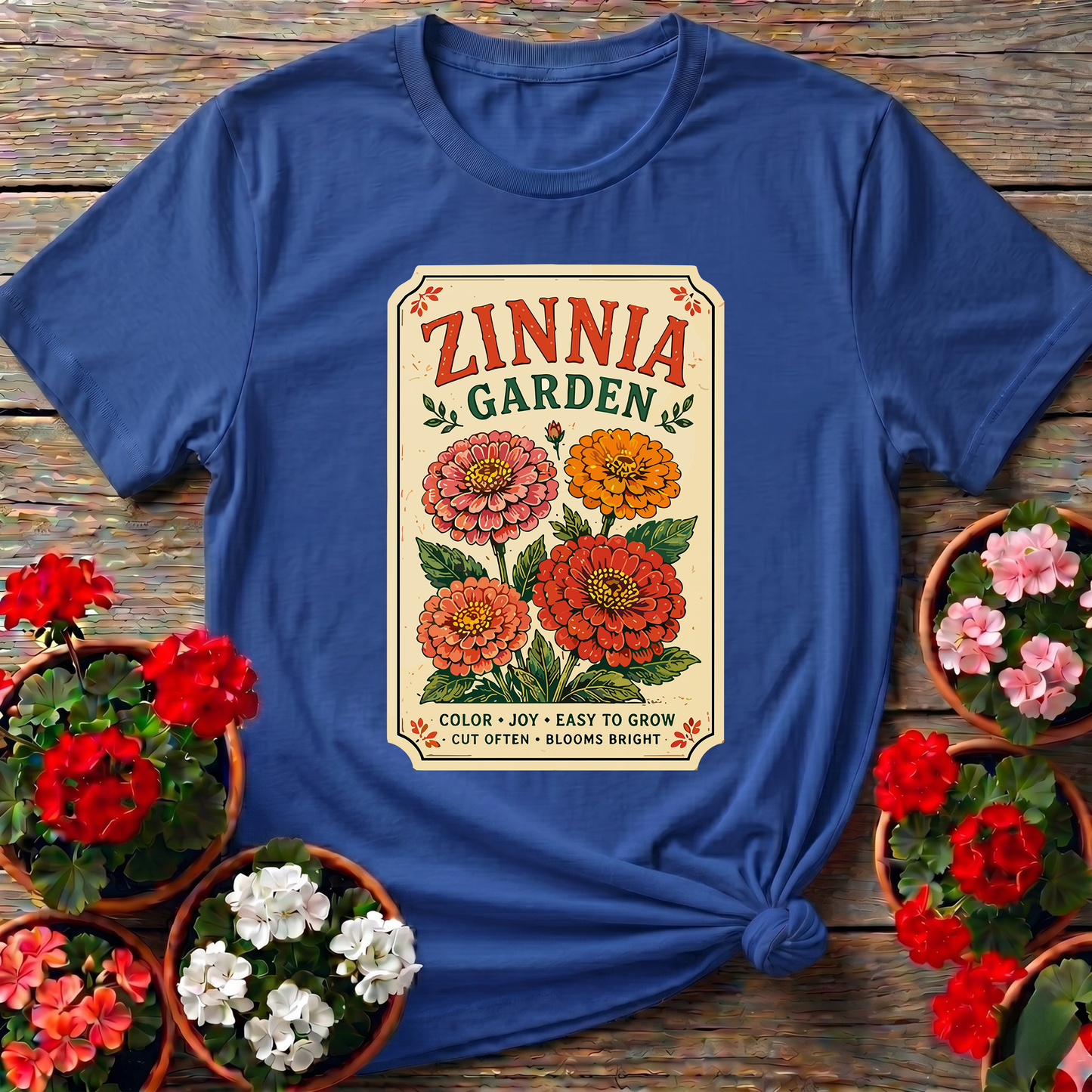Zinnia Garden Seed Packet Vintage Floral Gardening T-Shirt