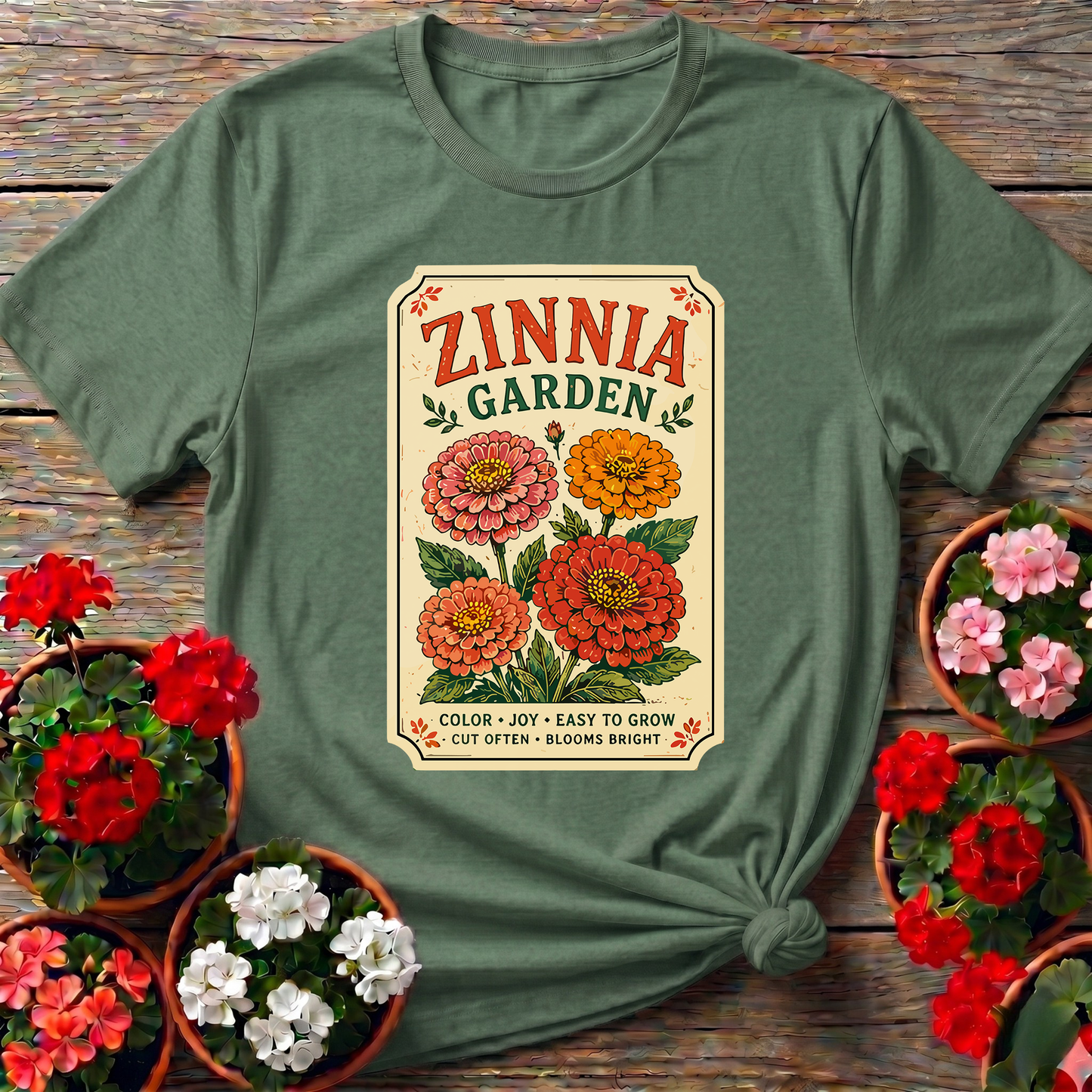 Zinnia Garden Seed Packet Vintage Floral Gardening T-Shirt