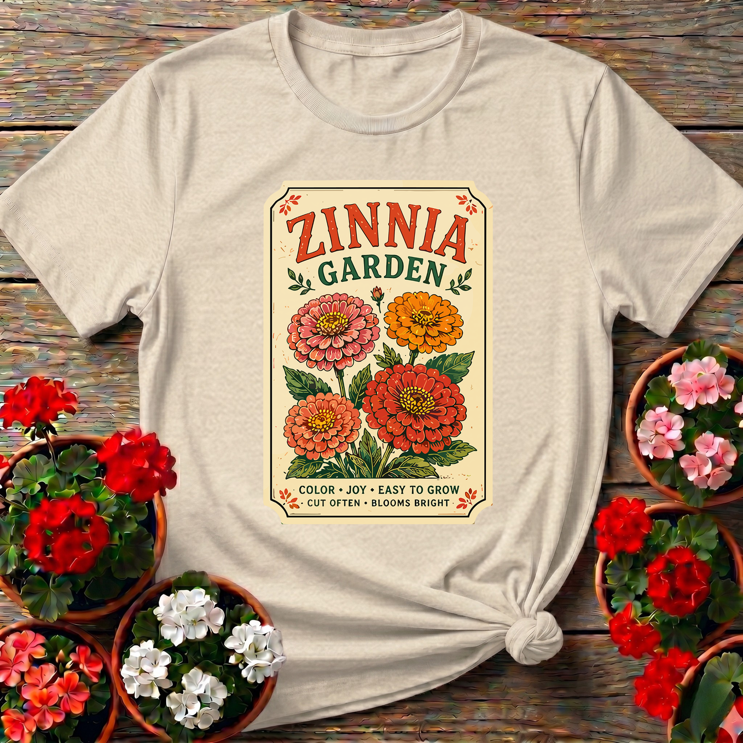 Zinnia Garden Seed Packet Vintage Floral Gardening T-Shirt