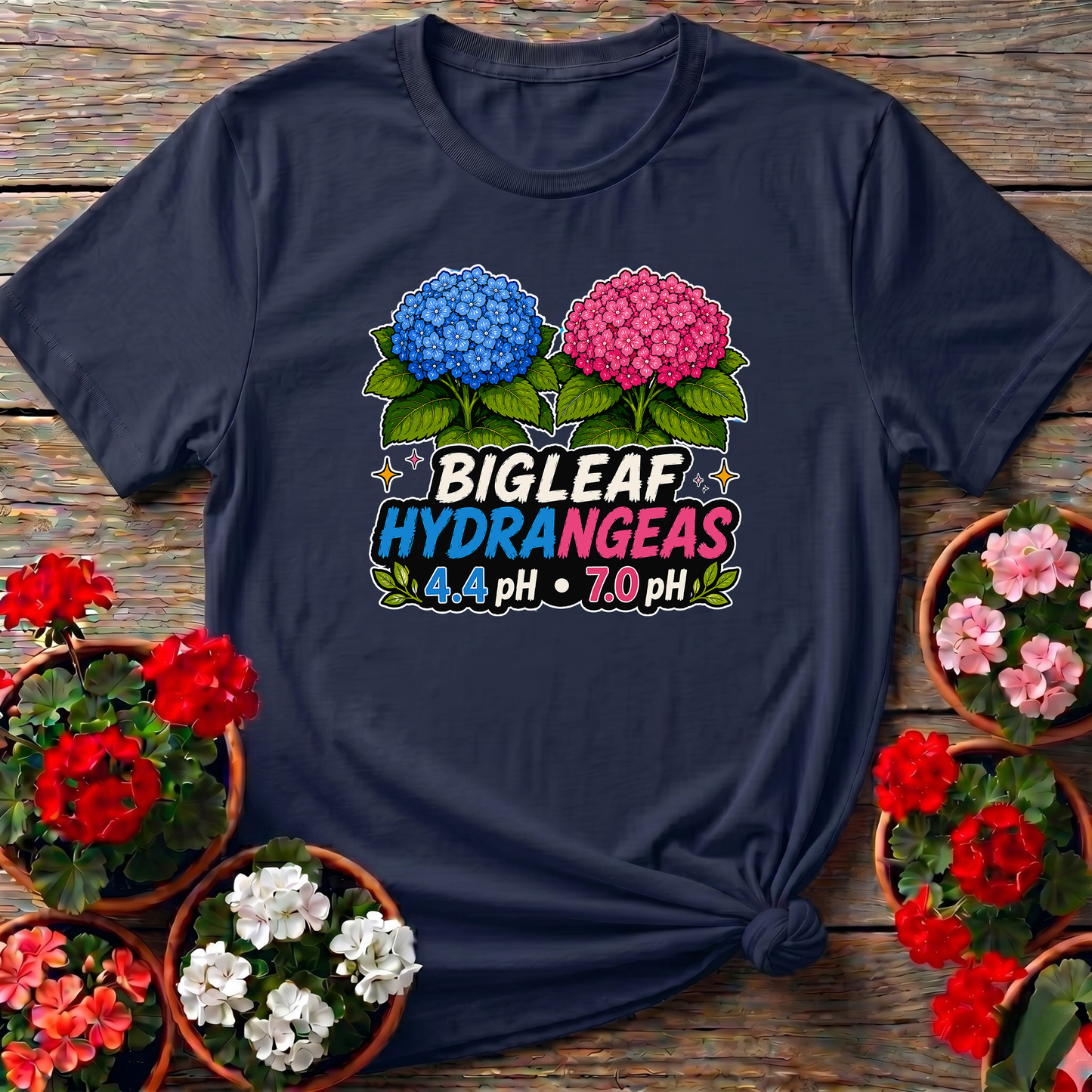 Bigleaf Hydrangeas 4.4 pH and 7.0 pH Gardening T-Shirt