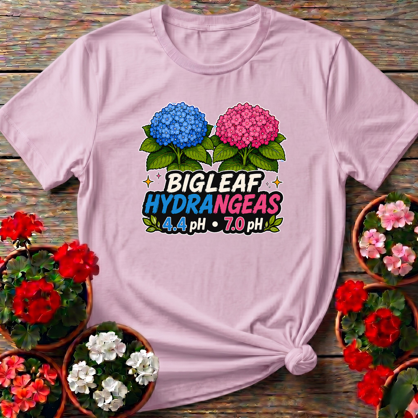 Bigleaf Hydrangeas 4.4 pH and 7.0 pH Gardening T-Shirt