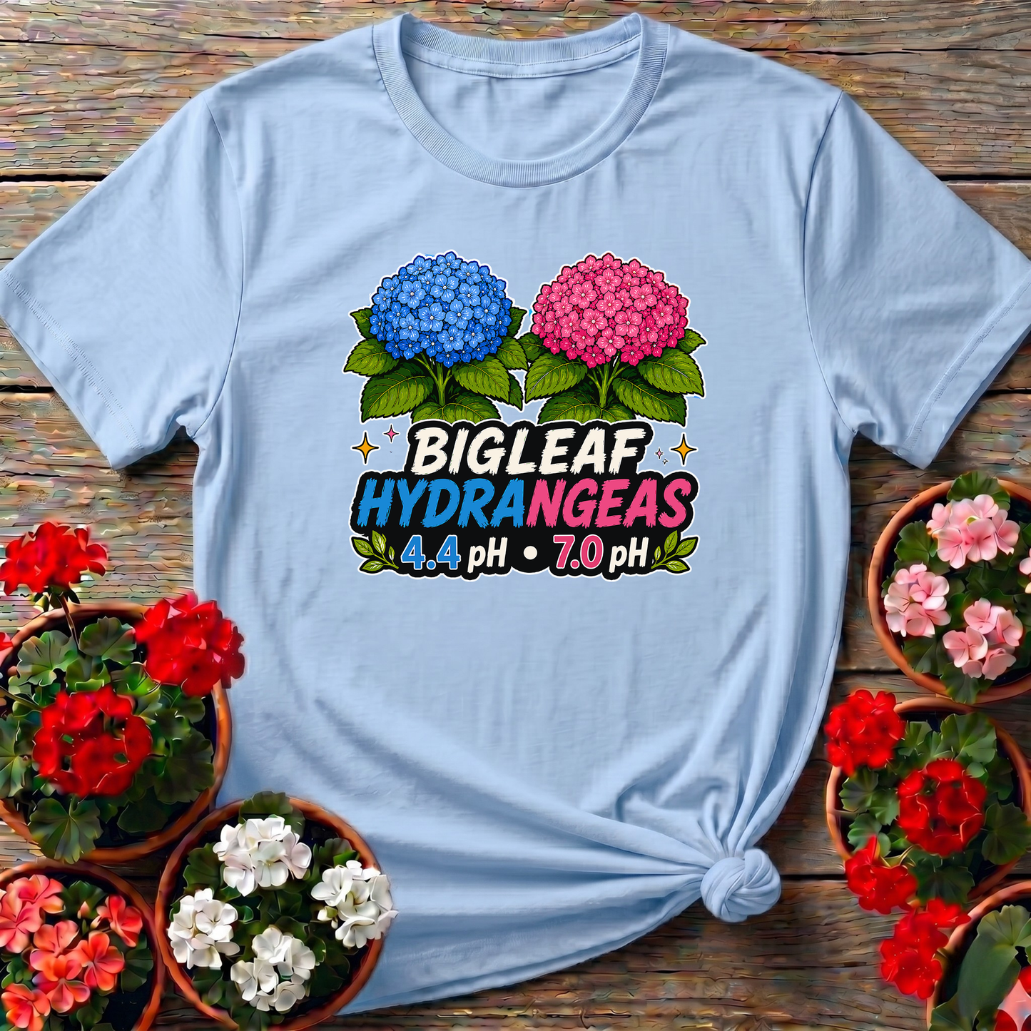 Bigleaf Hydrangeas 4.4 pH and 7.0 pH Gardening T-Shirt