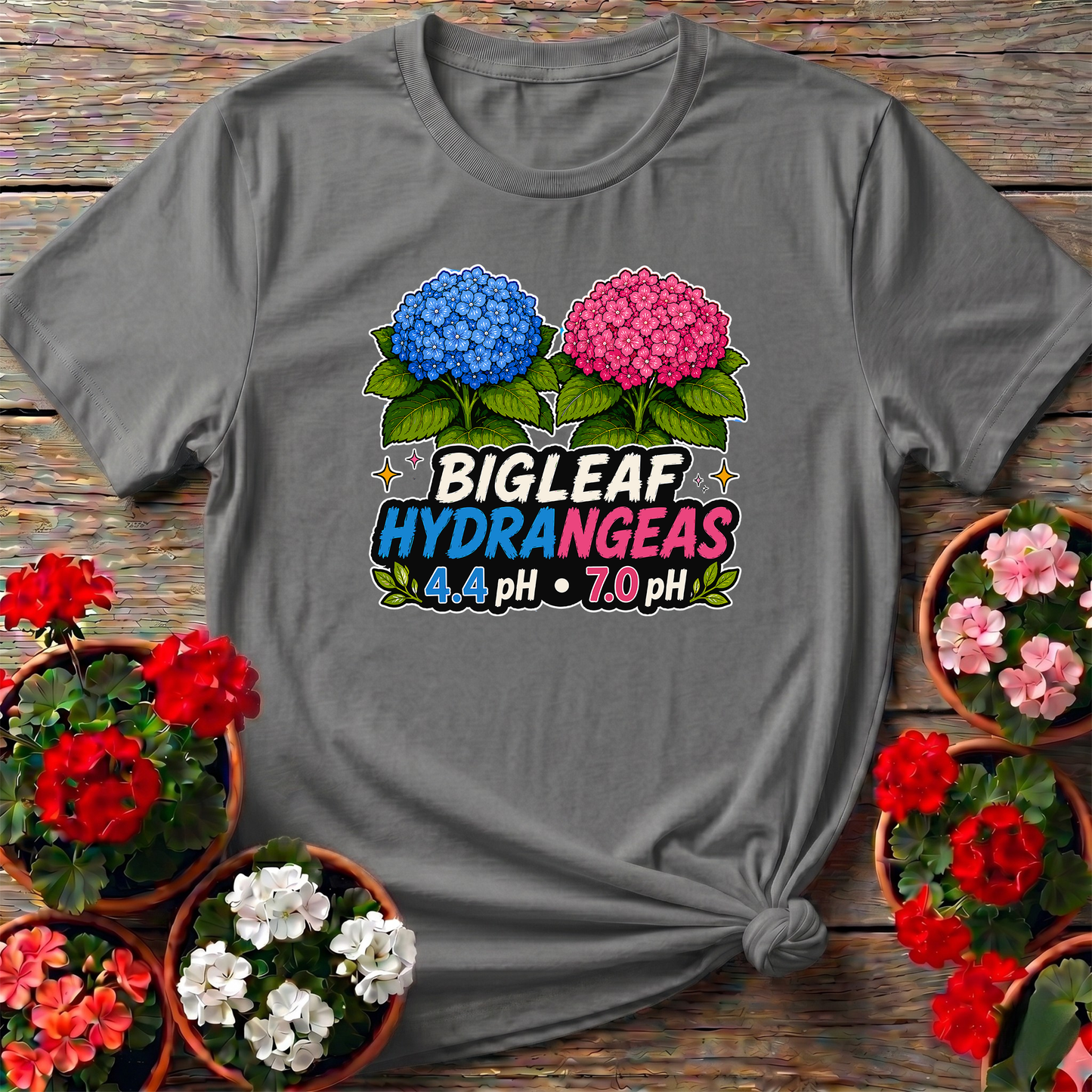 Bigleaf Hydrangeas 4.4 pH and 7.0 pH Gardening T-Shirt
