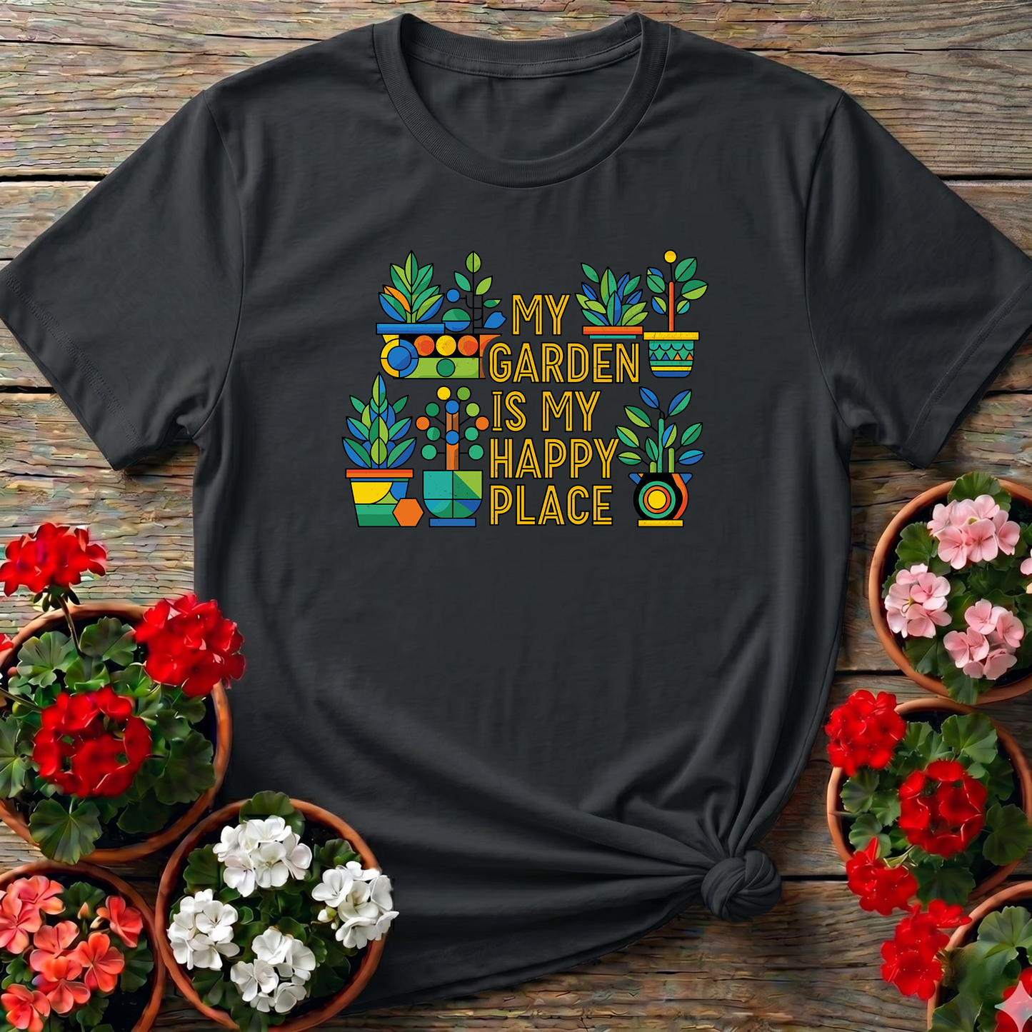 My Garden Is My Happy Place Colorful Potted Plants Tee