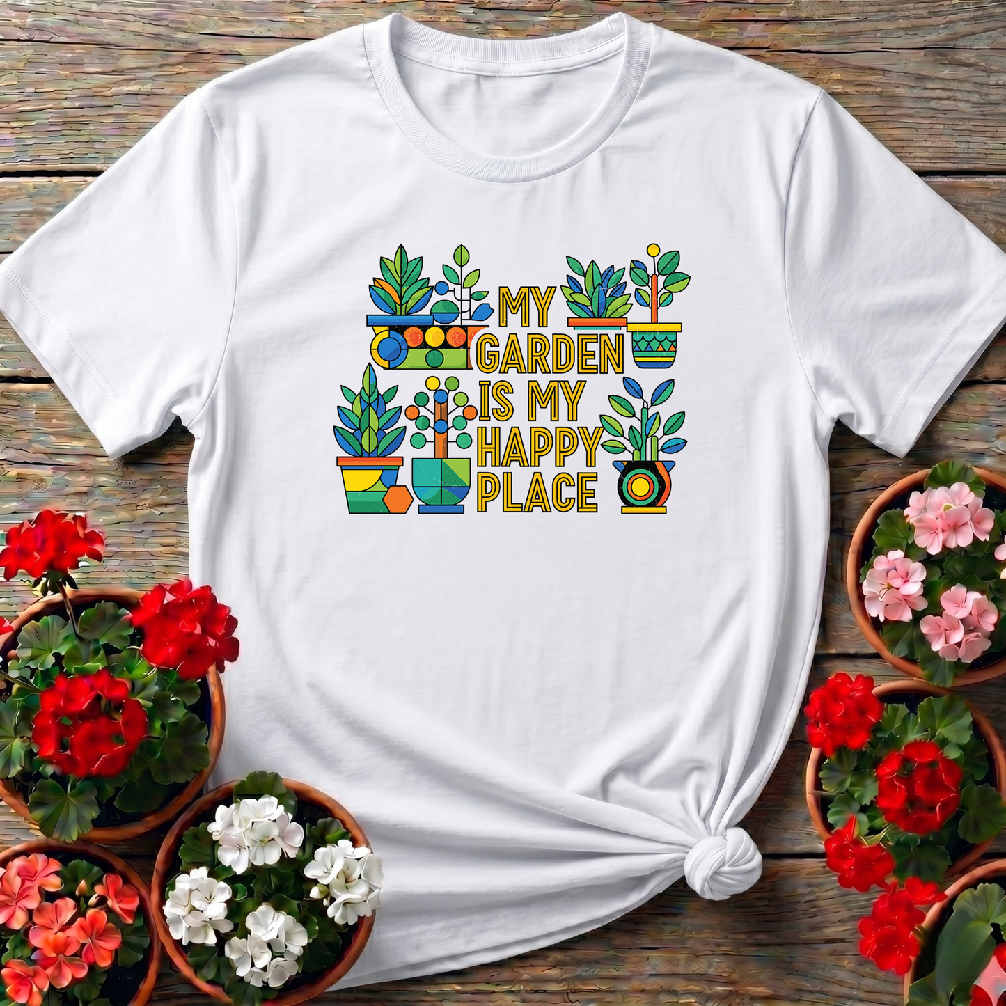My Garden Is My Happy Place Colorful Potted Plants Tee