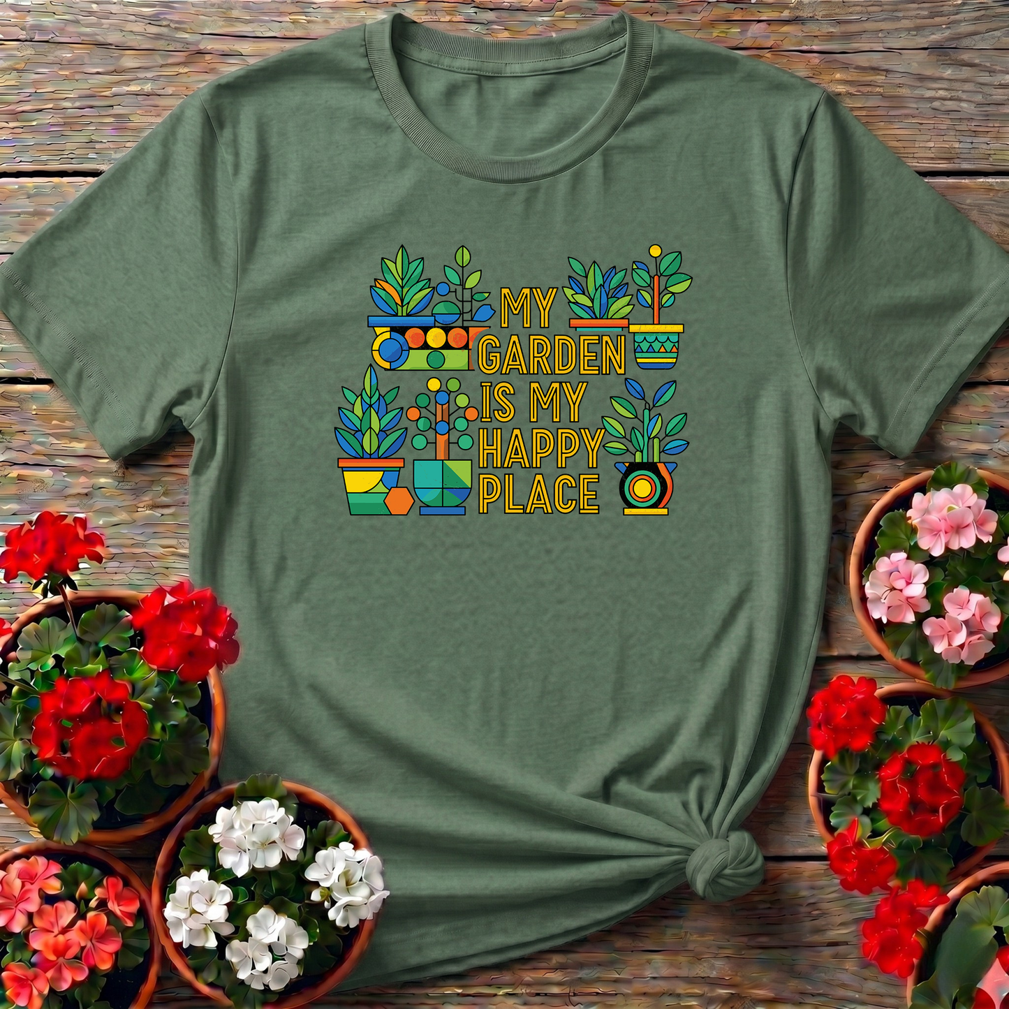 My Garden Is My Happy Place Colorful Potted Plants Tee