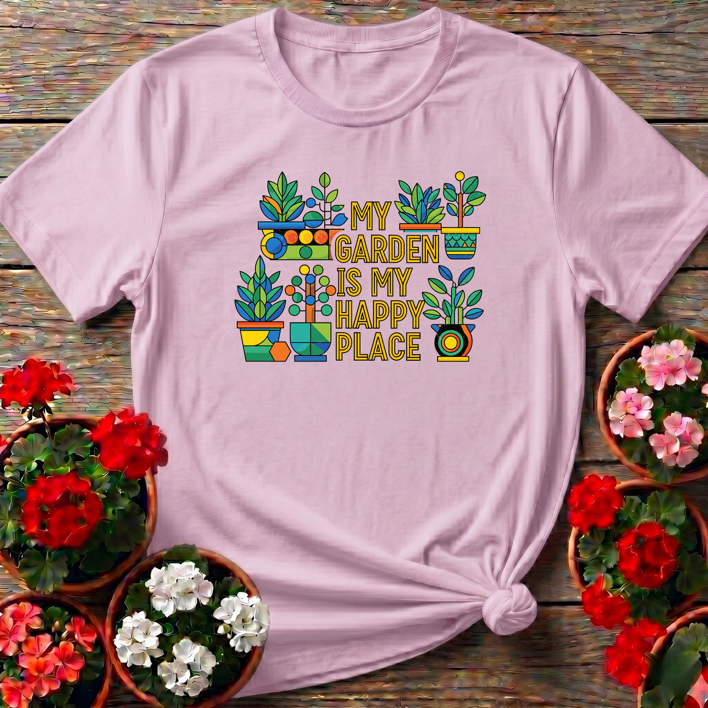 My Garden Is My Happy Place Colorful Potted Plants Tee