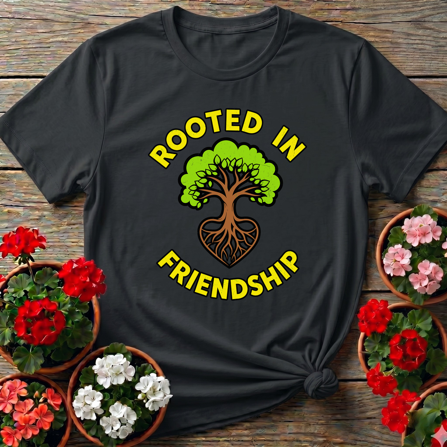 Rooted in Friendship Tree Heart Gardening T-Shirt