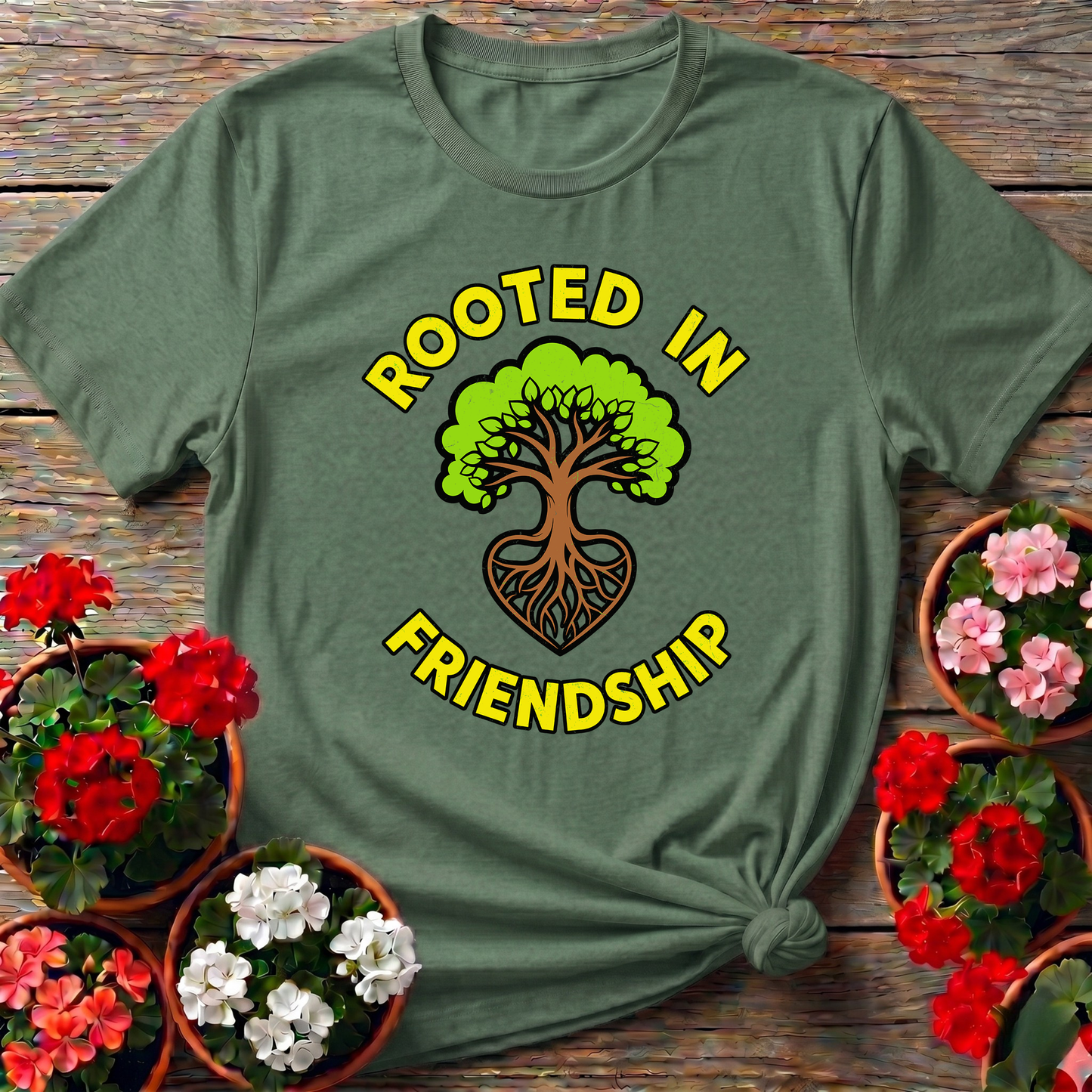Rooted in Friendship Tree Heart Gardening T-Shirt