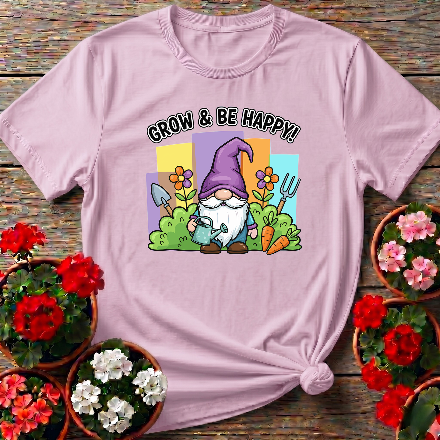 Grow and Be Happy Gnome Gardening T-Shirt