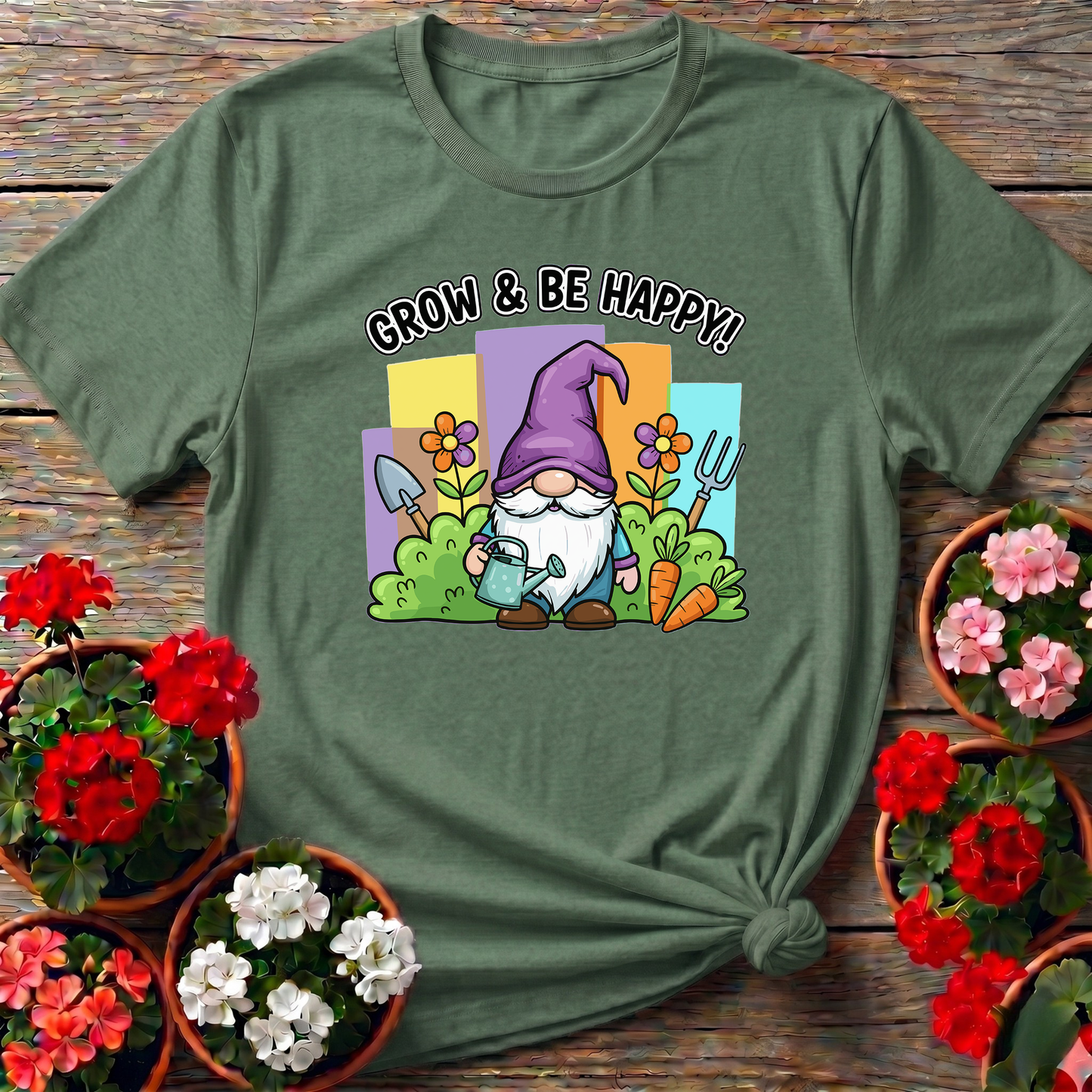 Grow and Be Happy Gnome Gardening T-Shirt